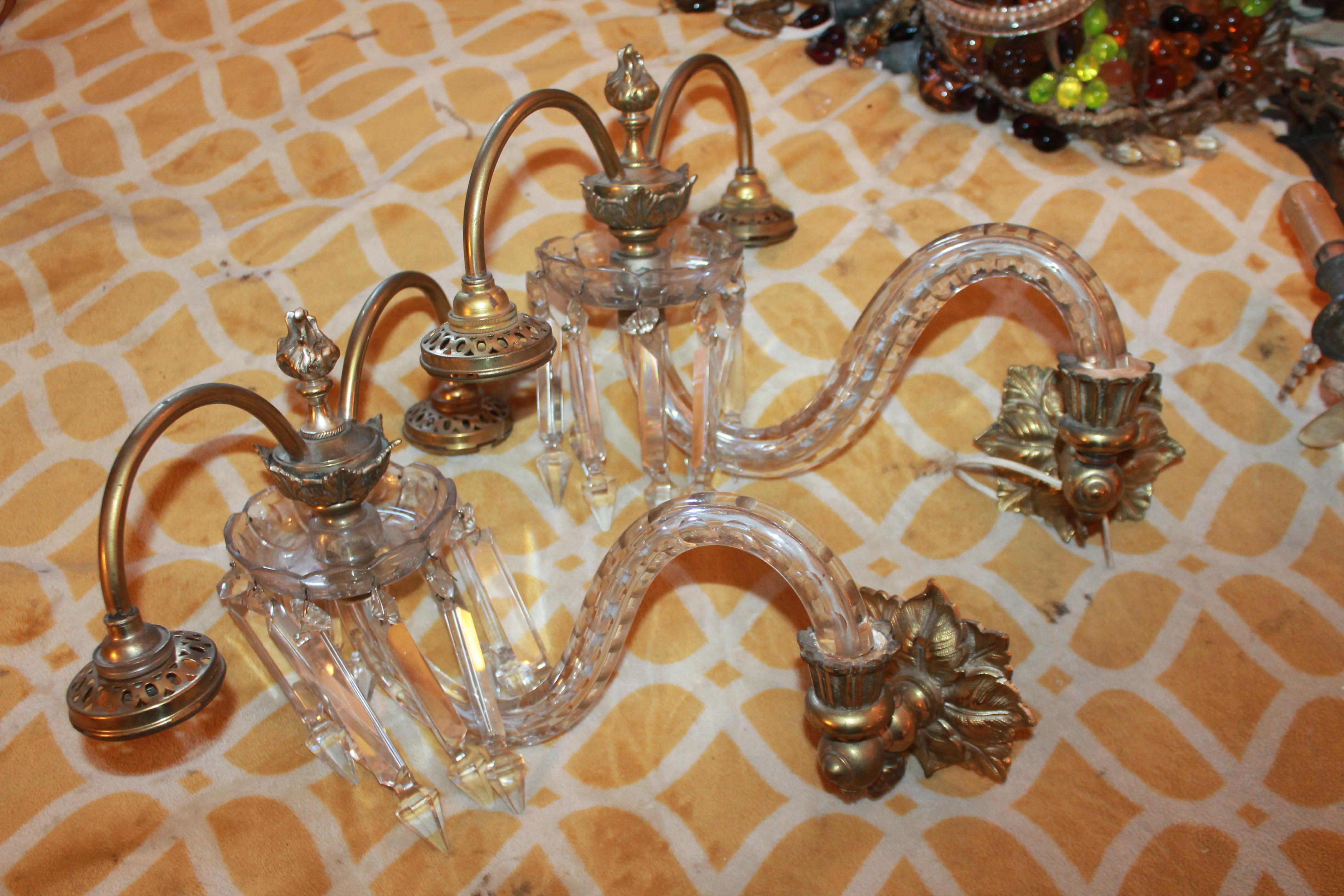 Pair 19thc British Louis XVI style Cut Crystal&Bronze Gas Converted Wall Sconces For Sale 10