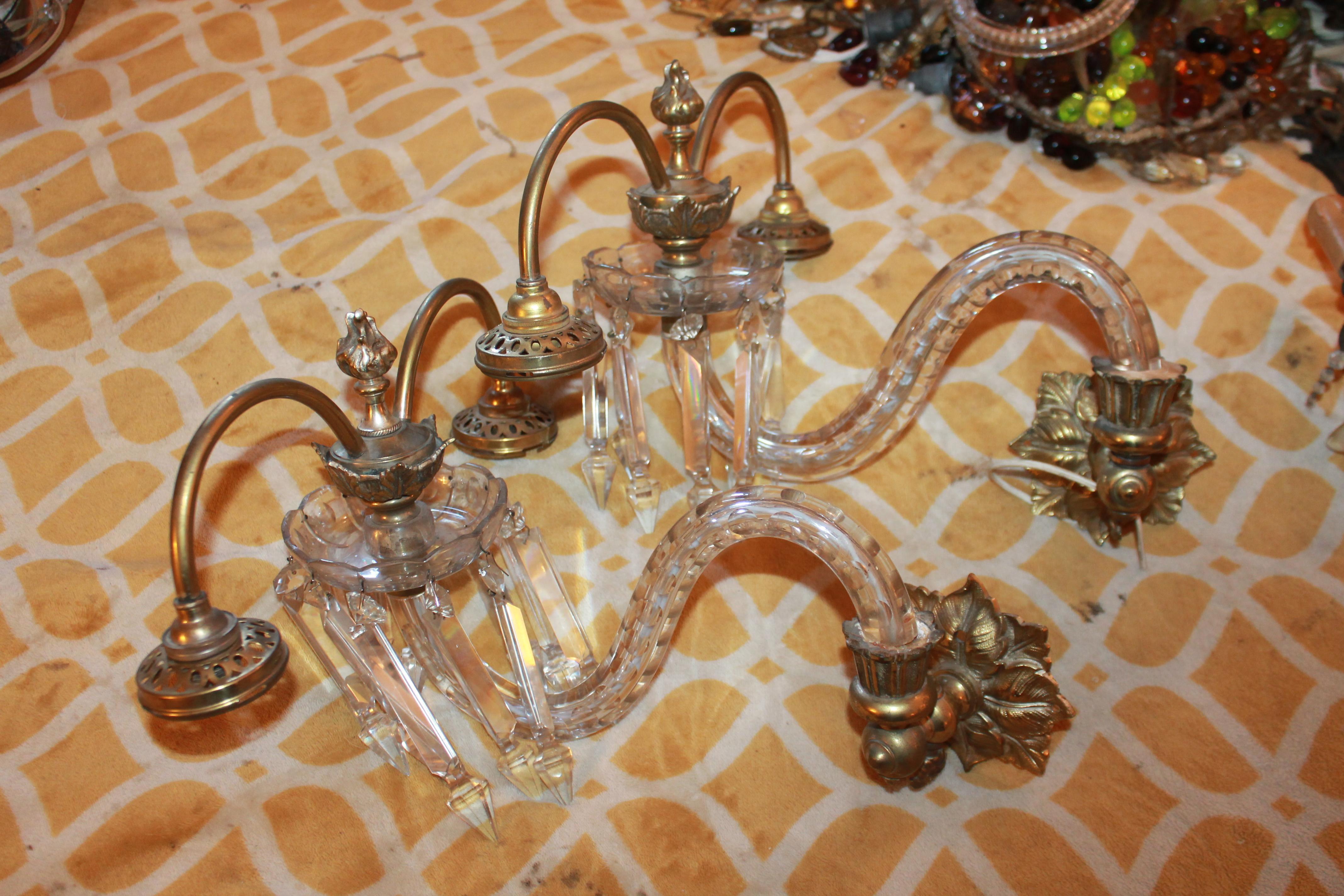 Mid-19th Century Pair 19thc British Louis XVI style Cut Crystal&Bronze Gas Converted Wall Sconces For Sale