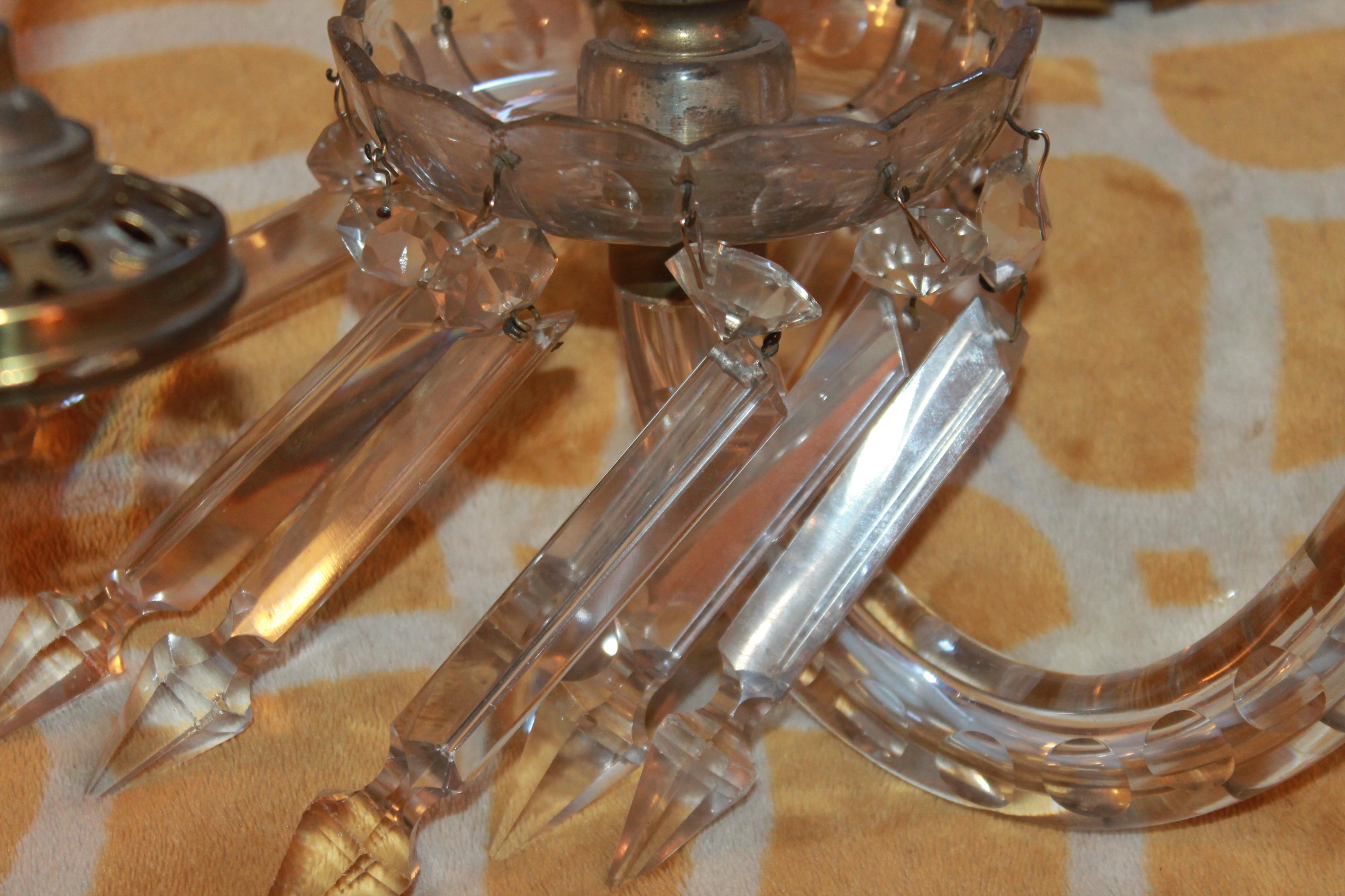 Pair 19thc British Louis XVI style Cut Crystal&Bronze Gas Converted Wall Sconces For Sale 1