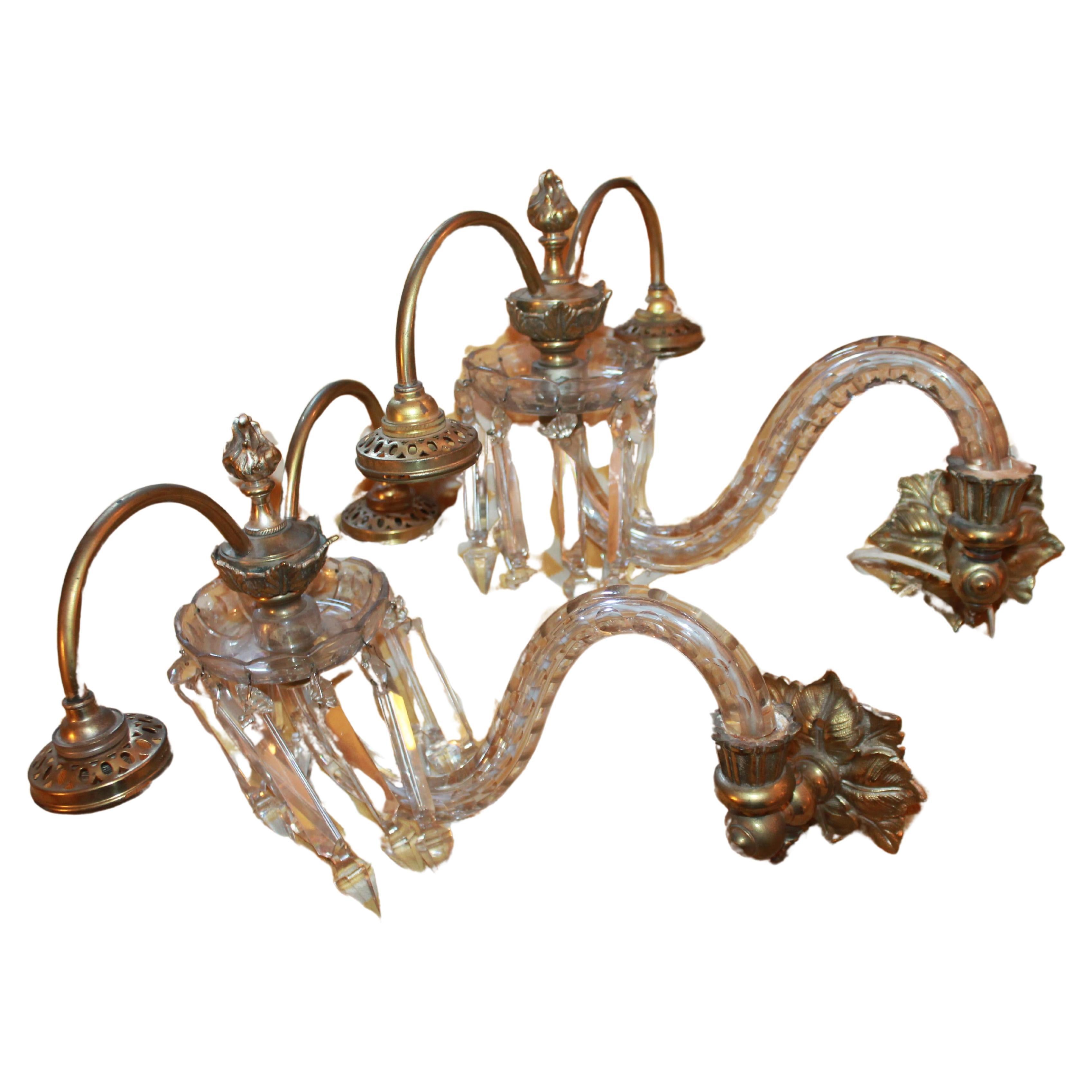Pair 19thc British Louis XVI style Cut Crystal&Bronze Gas Converted Wall Sconces For Sale