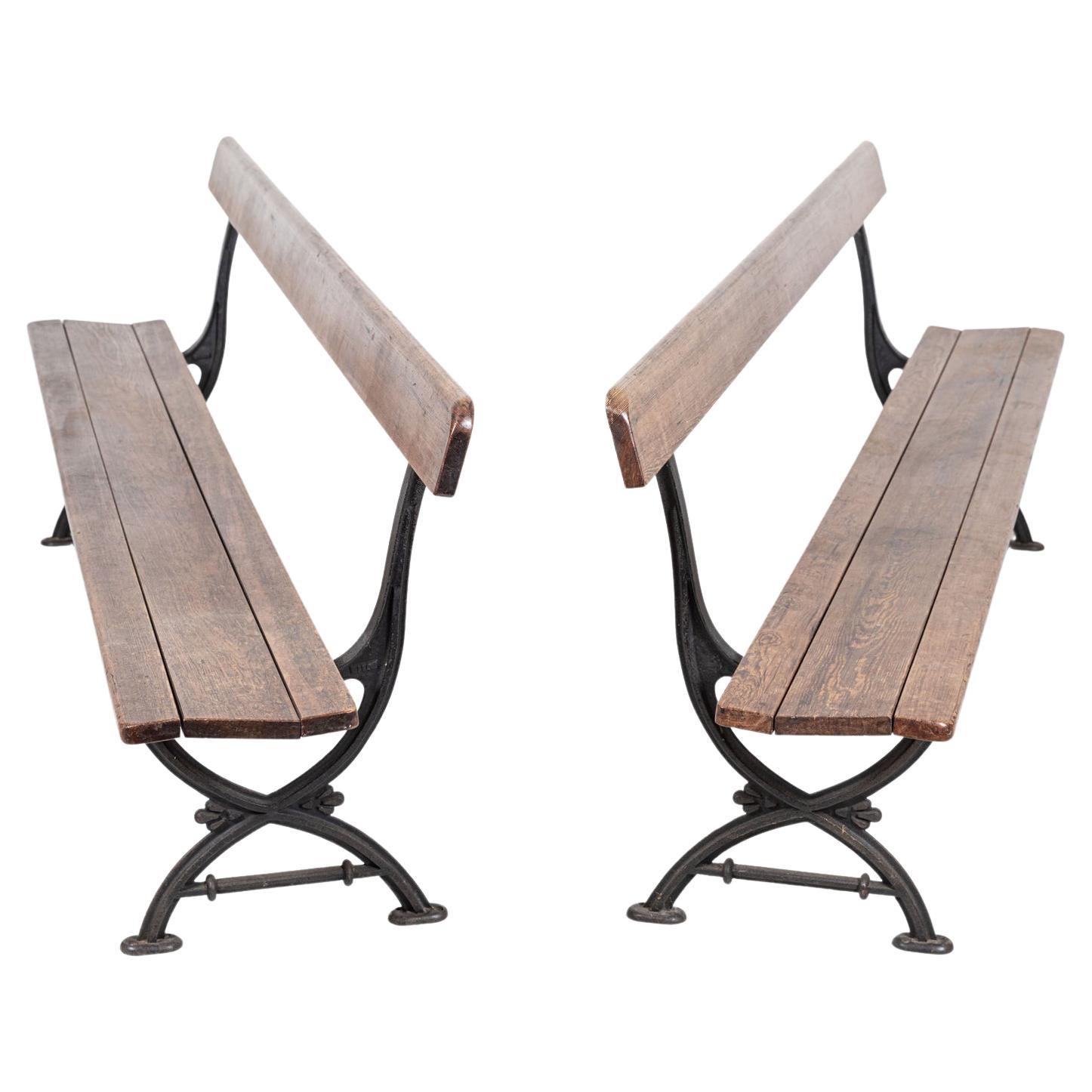 Pair 19thC English Cast Iron Pitch Pine Benches For Sale