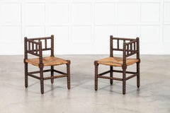 Pair 19thC English Oak Bobbin Corner Chairs