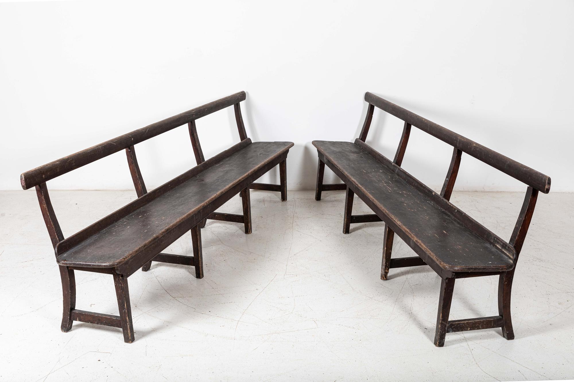 Circa 1880
Pair 19thC English Pine Chapel benches in original finish
Price per pair
(vat qualifying )
(3 pairs available)
W240 x D37 x H80 cm
Seat height 43 cm.
 