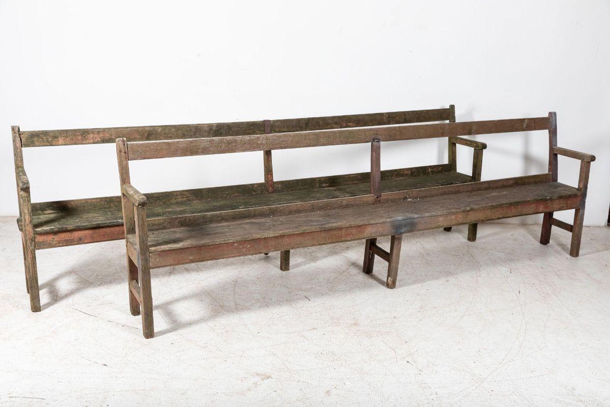 Pair 19th C English Rustic Painted Chapel Benches In Fair Condition For Sale In Staffordshire, GB
