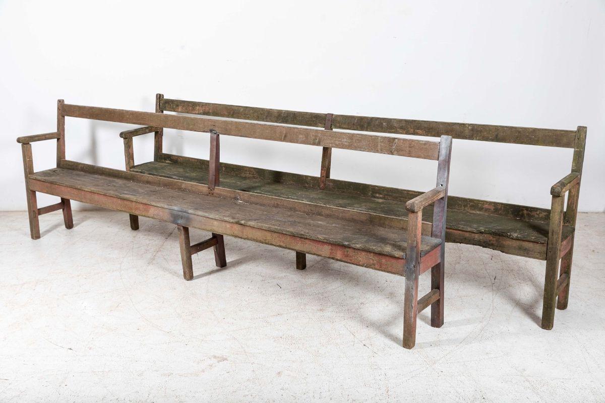 Pine Pair 19th C English Rustic Painted Chapel Benches For Sale