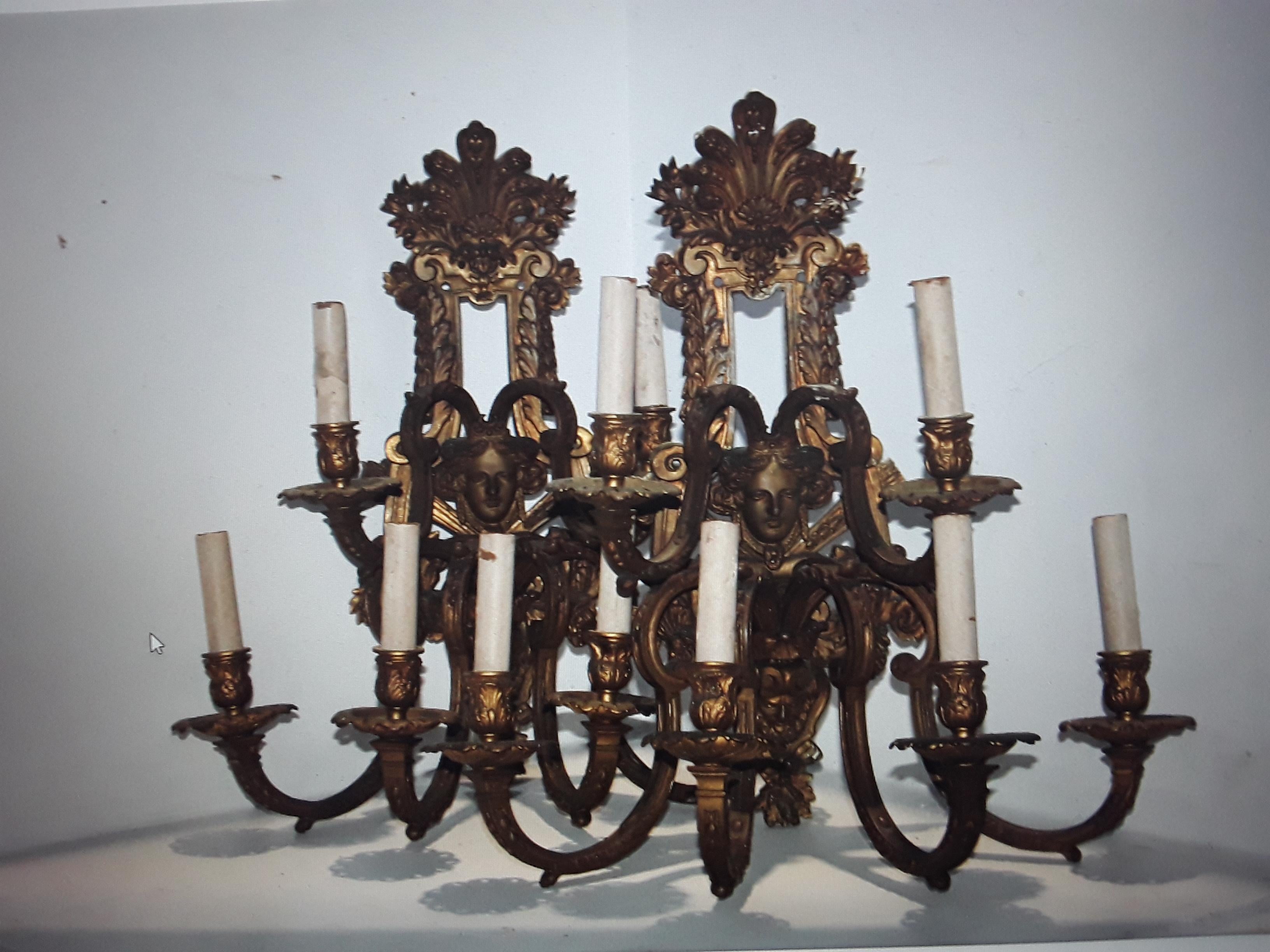 Pair 19thc French Antique Gilt Bronze Highly Detailed Louis XV Wall Sconces For Sale 7