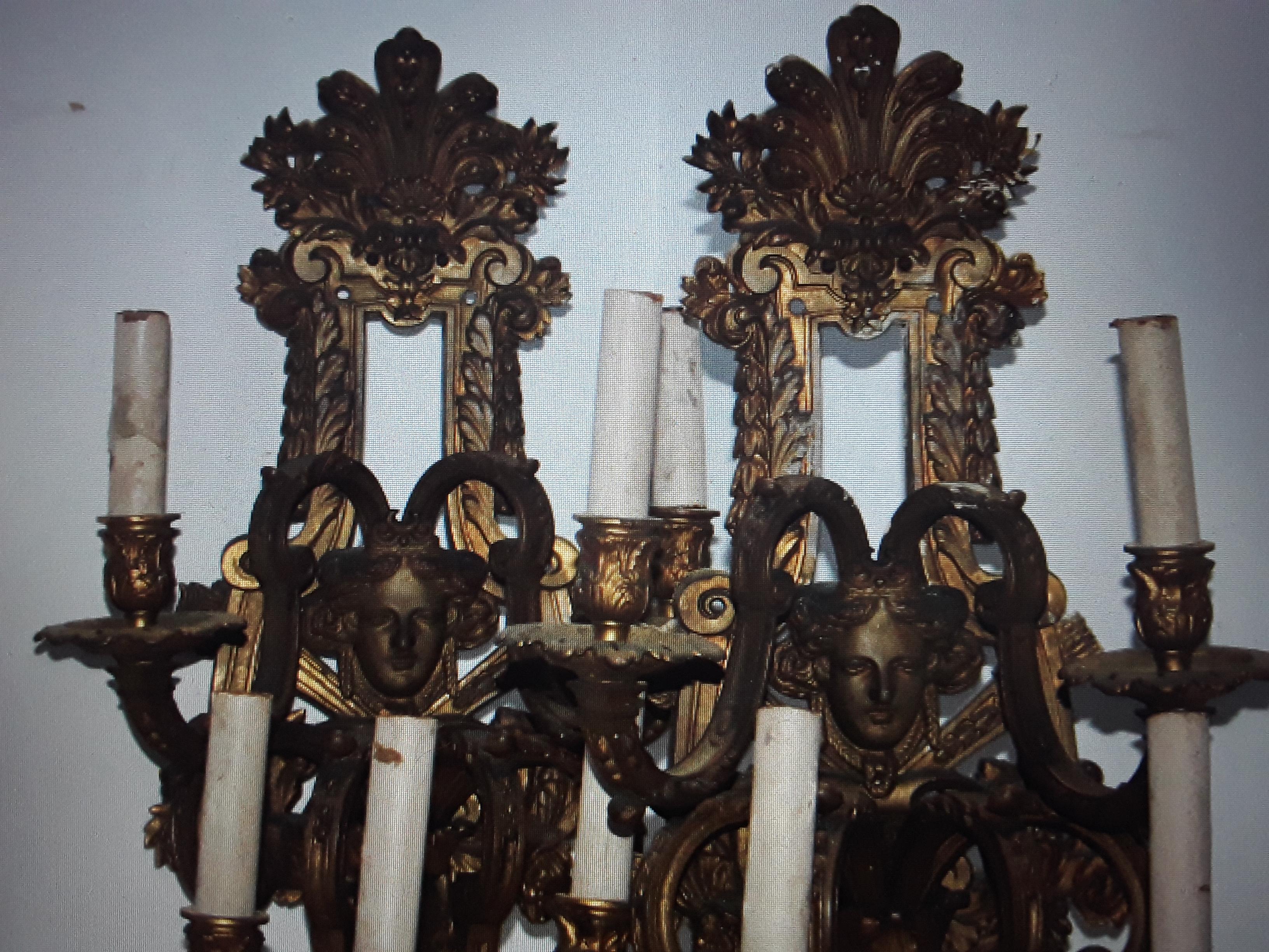 Pair 19thc French Antique Gilt Bronze Highly Detailed Louis XV Wall Sconces For Sale 2