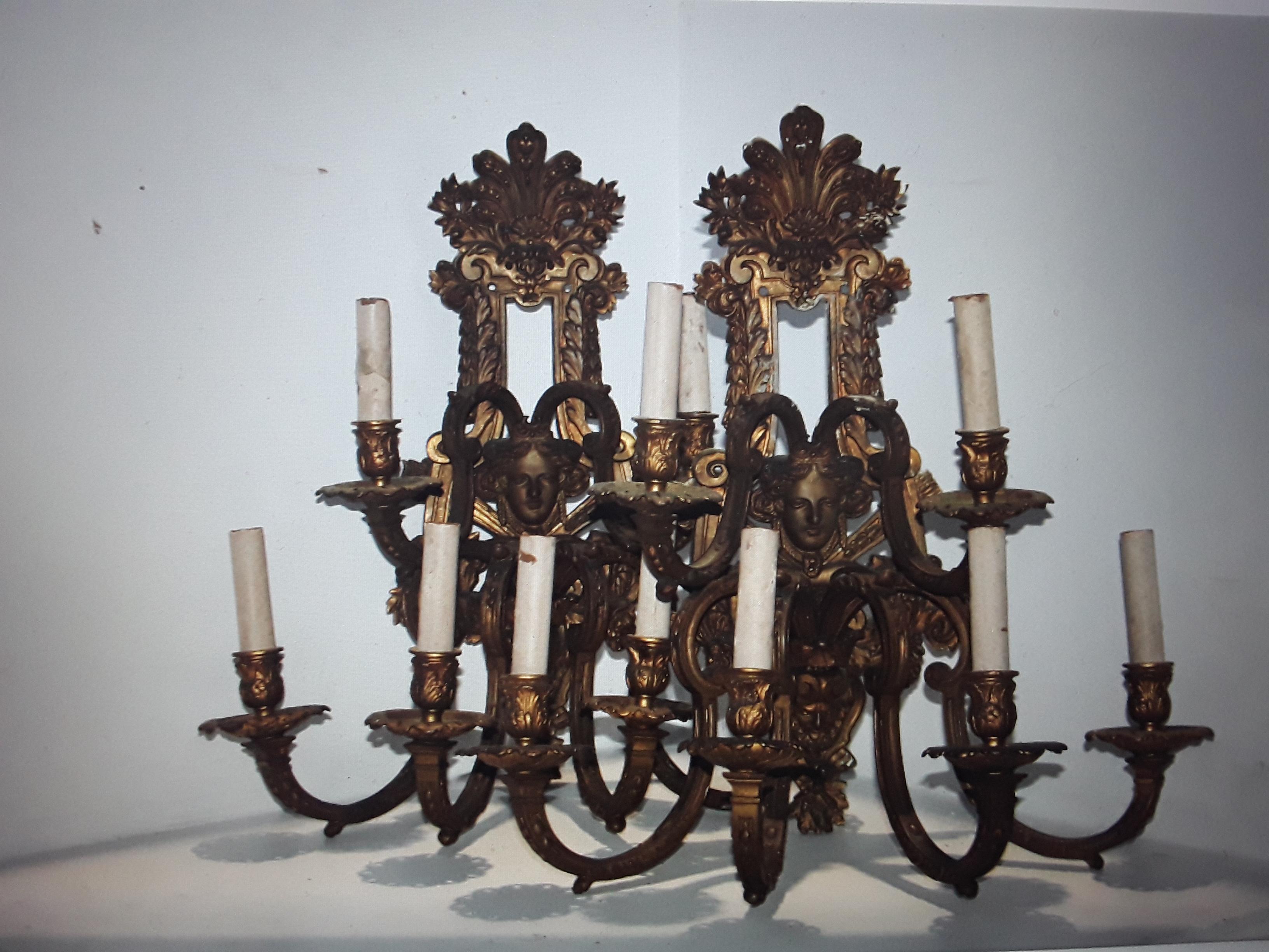 Pair 19thc French Antique Gilt Bronze Highly Detailed Louis XV Wall Sconces For Sale 3