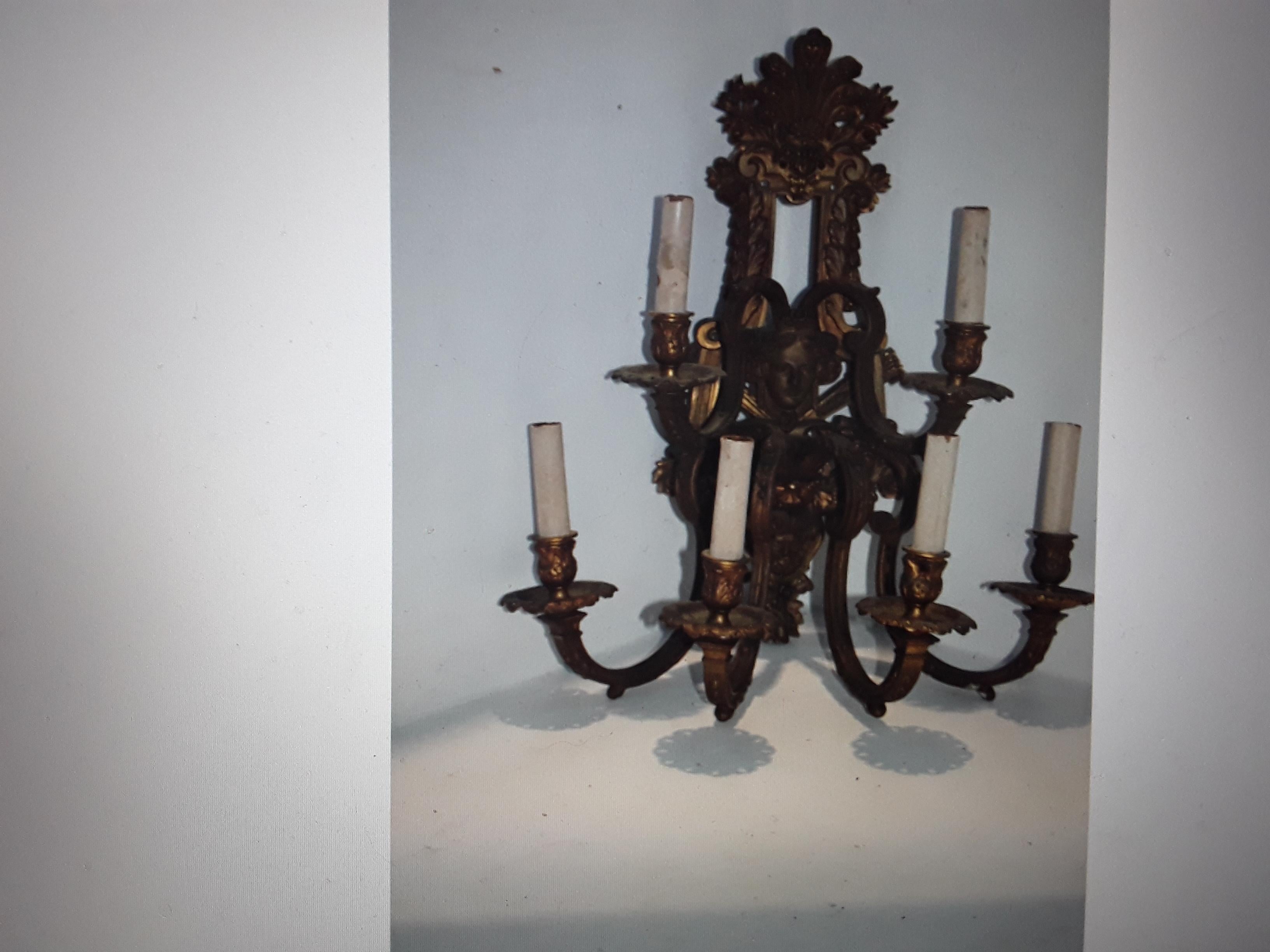Pair 19thc French Antique Gilt Bronze Highly Detailed Louis XV Wall Sconces For Sale 4