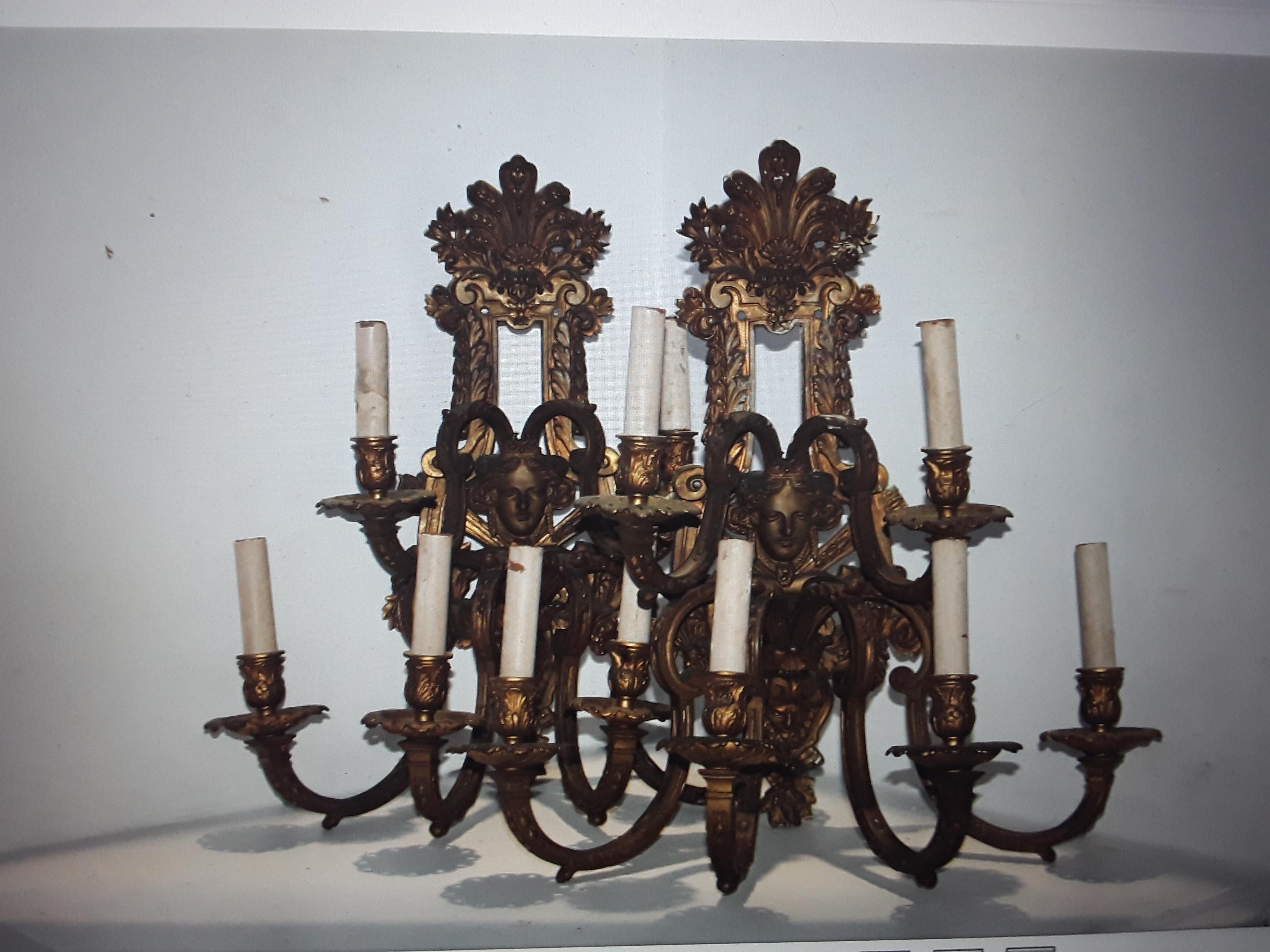 Pair 19thc French Antique Gilt Bronze Highly Detailed Louis XV Wall Sconces For Sale 5