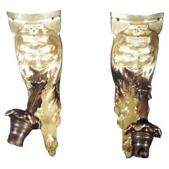 Pair 19thc French Antique Louis XVI Baroque Gilt Bronze "Male Mask" Wall Sconces