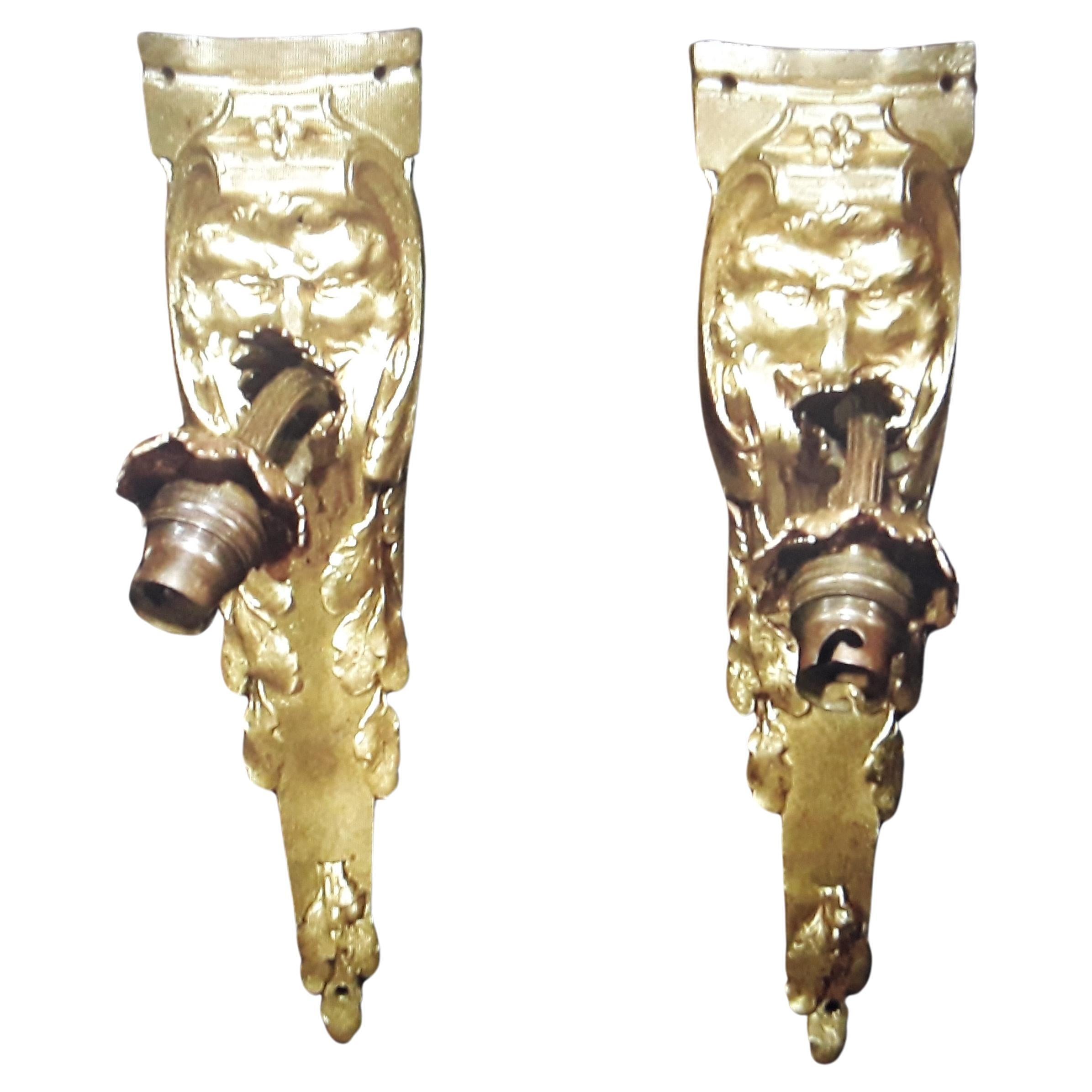Pair 19thc French Antique Louis XVI Baroque Gilt Bronze "Male Mask" Wall Sconces For Sale