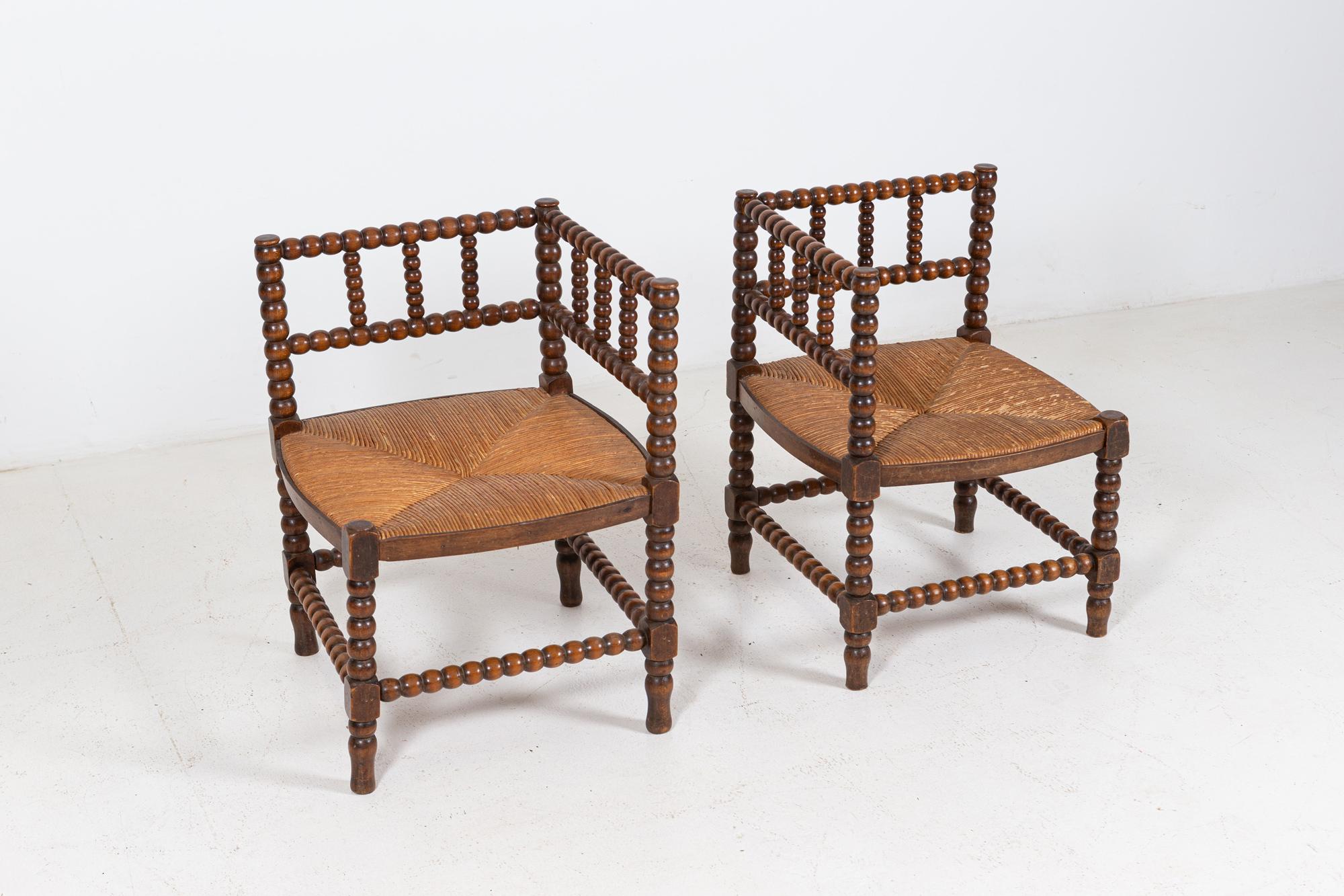 Late 19th Century Pair 19thC French Bobbin Rattan Corner Chairs