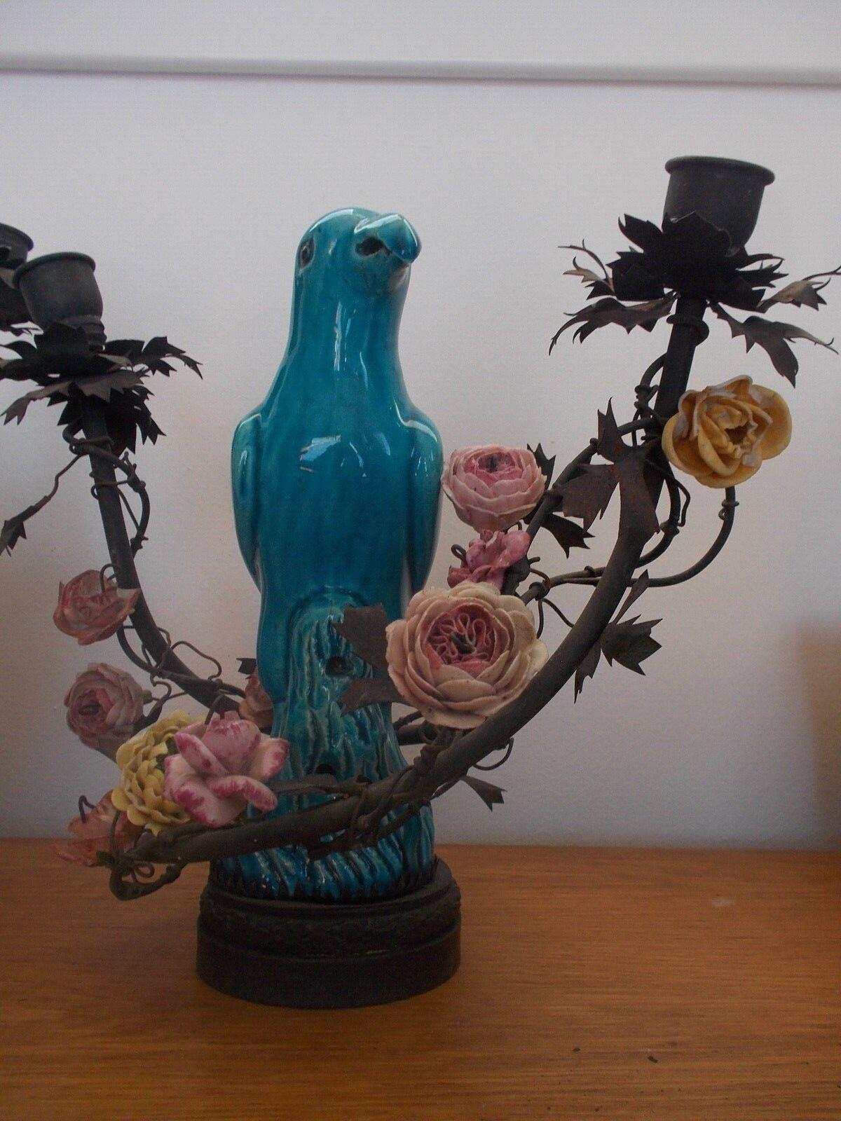 Pair 19thc French China Blue Porcelain Parrots Amongst Saxe Flowers -Table Lamps For Sale 2