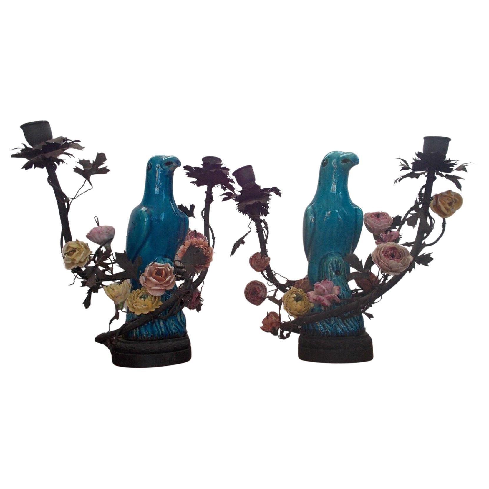 Pair 19thc French China Blue Porcelain Parrots Amongst Saxe Flowers -Table Lamps