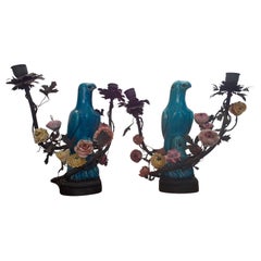 Antique Pair 19thc French China Blue Porcelain Parrots Amongst Saxe Flowers -Table Lamps