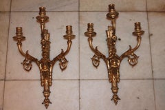 Pair 19thc French Dore Bronze Louis XIV style Cherub Candle Wall Sconces