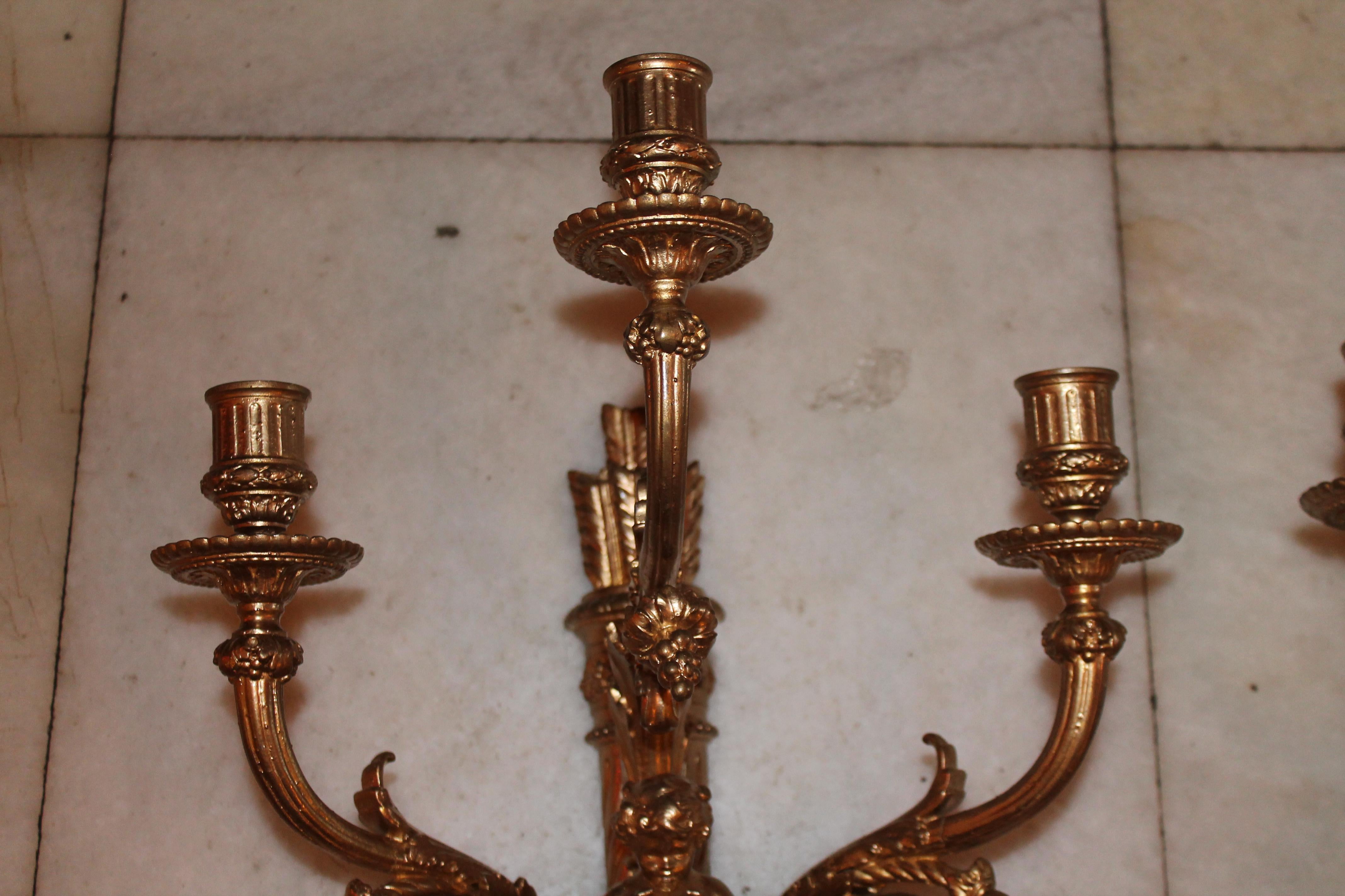Pair 19thc French Dore Bronze Louis XIV style Cherub Candle Wall Sconces In Good Condition For Sale In Opa Locka, FL
