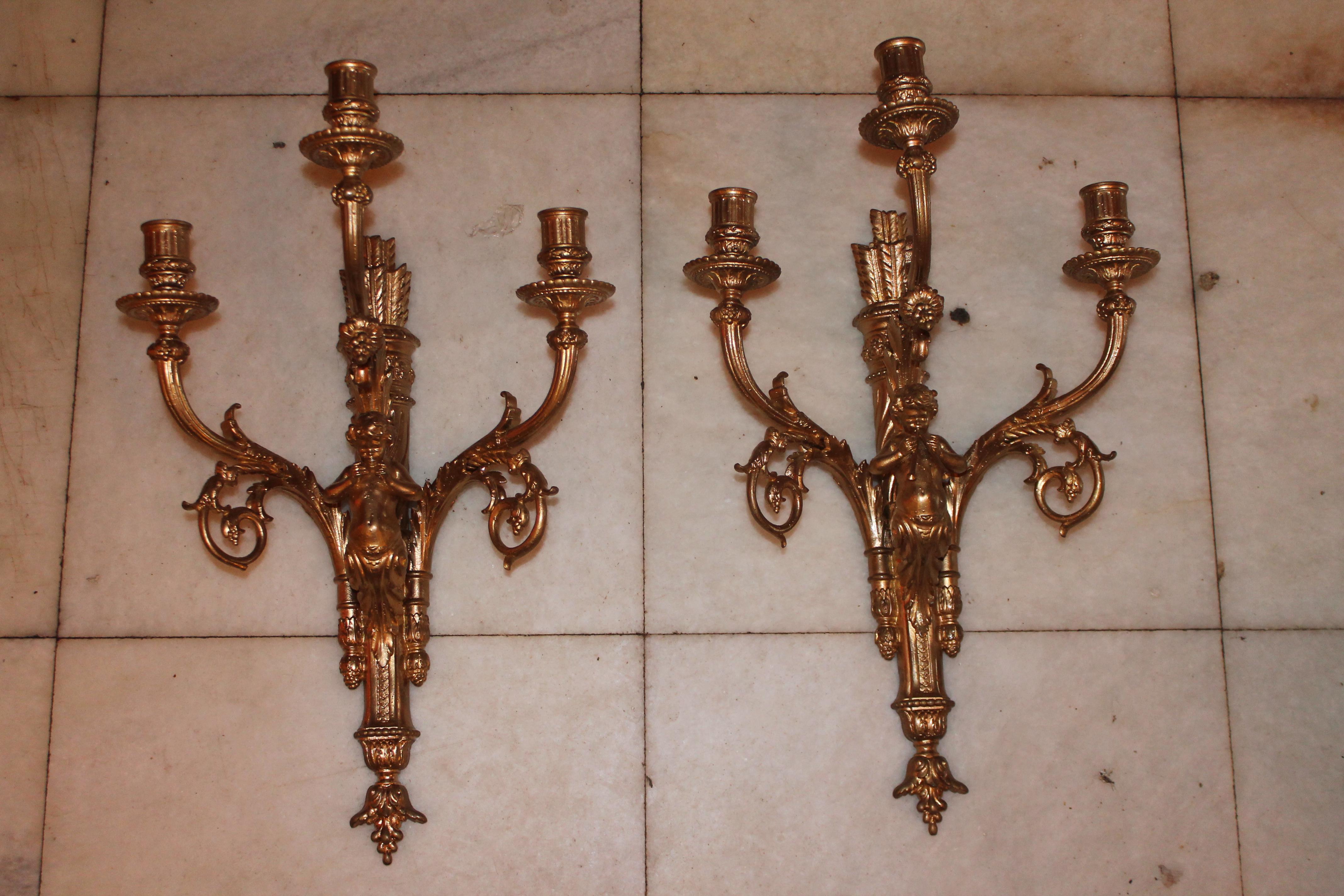 Pair 19thc French Dore Bronze Louis XIV style Cherub Candle Wall Sconces For Sale 2