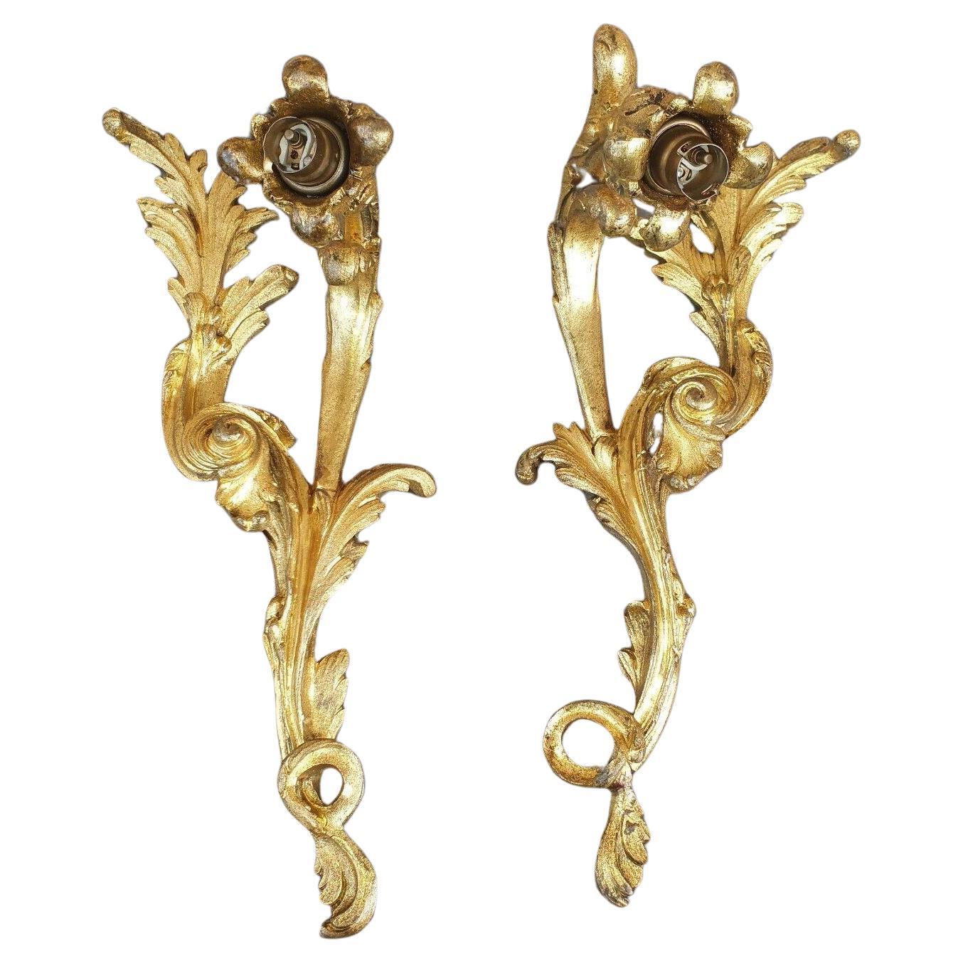 Pair 19thc French Dore Bronze Louis XV Rococo style Wall Sconces 