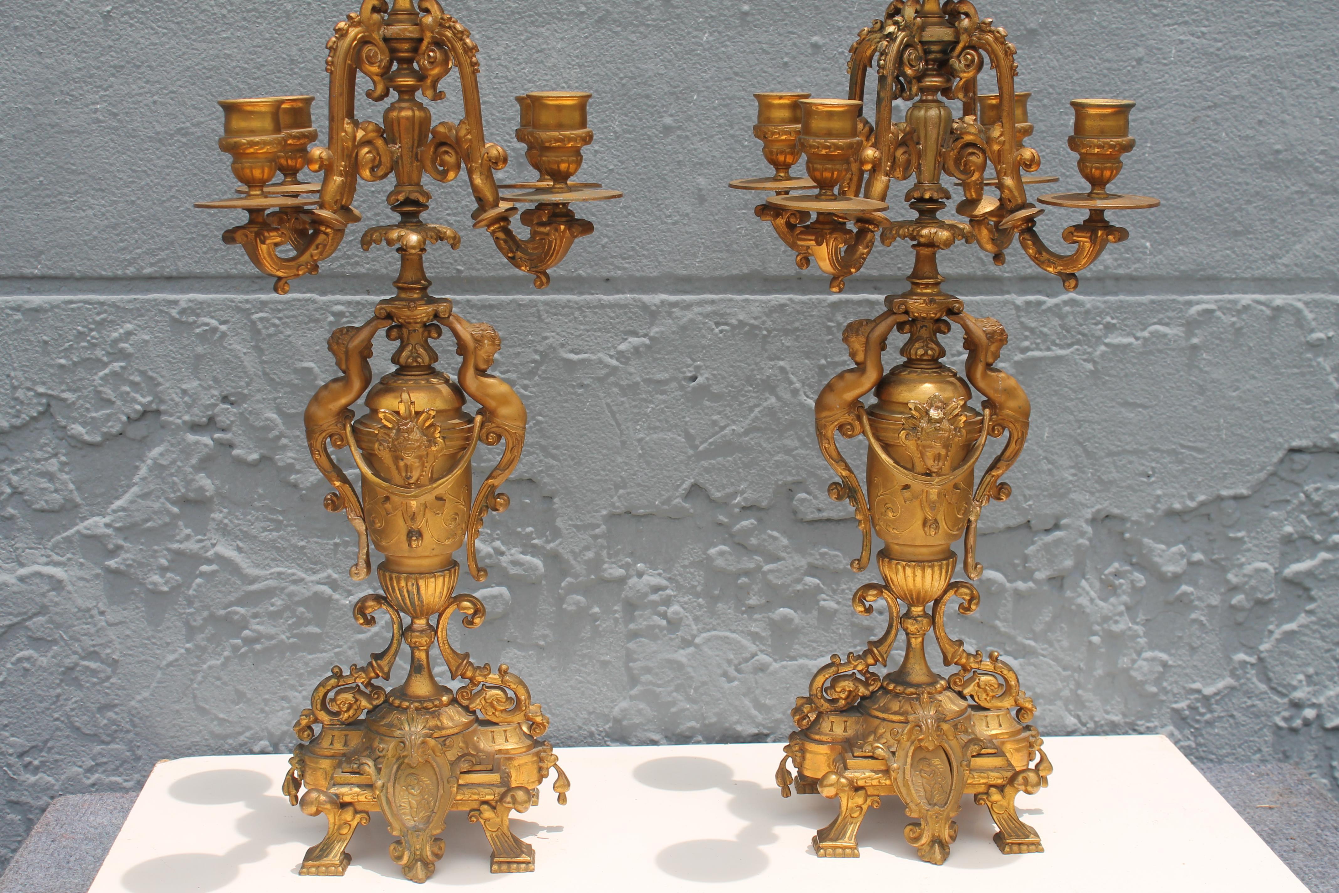 Pair 19thc French Grand Louis XVI Gilt/ Gold Spelter Cherub Candelabras For Sale 6
