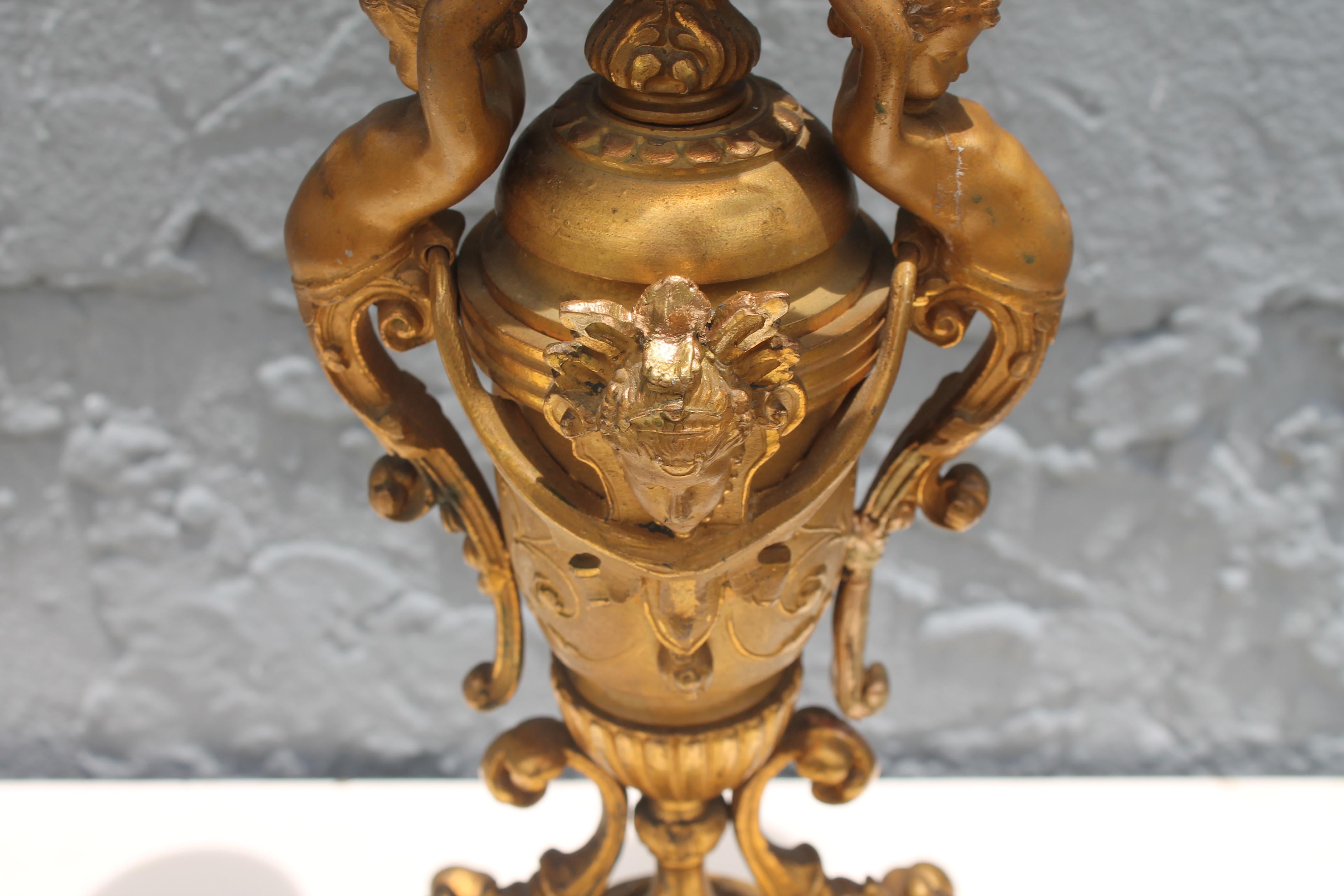 Pair 19thc French Grand Louis XVI Gilt/ Gold Spelter Cherub Candelabras In Good Condition For Sale In Opa Locka, FL