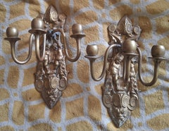 Pair 19thc French Louis XVI Bronze Cavorting Cherubs Candle Holder Wall Sconces