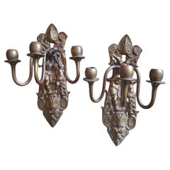 Pair 19thc French Louis XVI Bronze Cavorting Cherubs Candle Holder Wall Sconces
