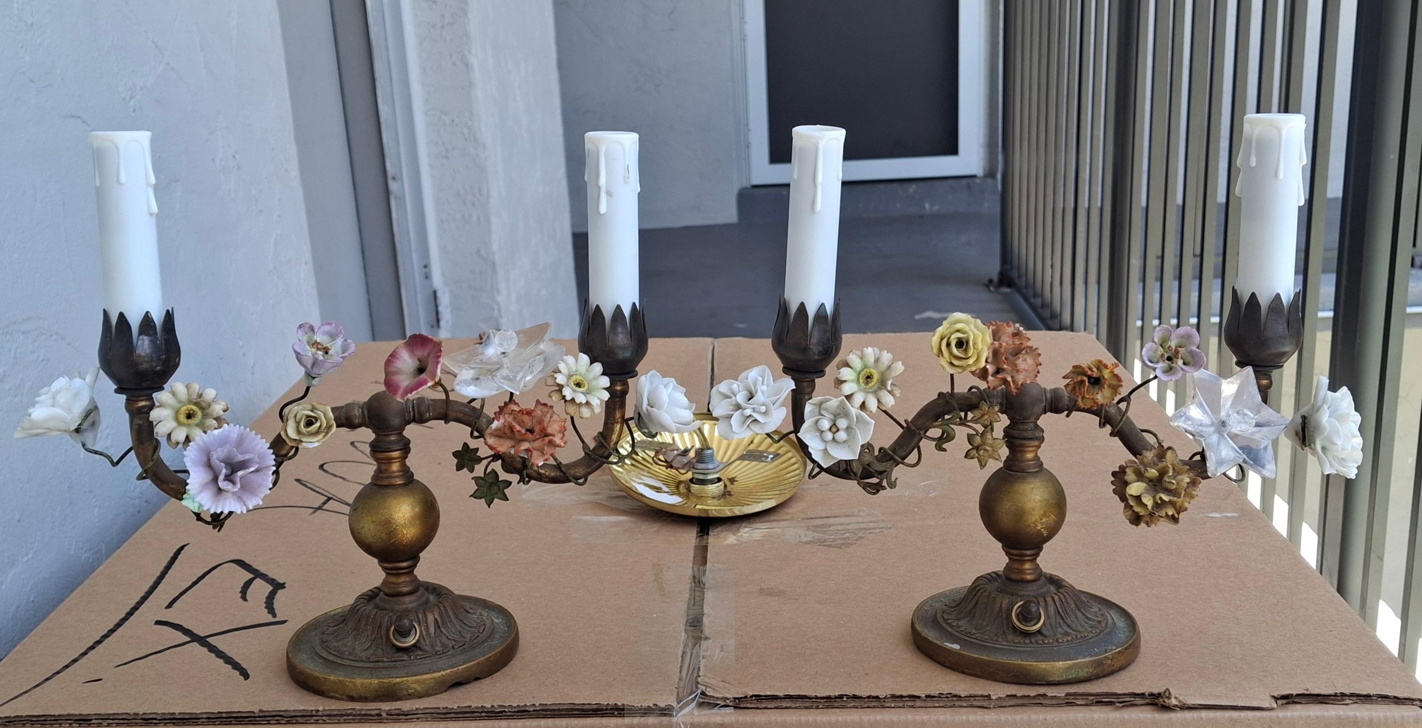 Charmante paire de lampes de table / d'appoint / de boudoir antiques françaises du 19ème siècle. Fleurs en porcelaine grimpant sur des lianes, base en bronze lourd. Très bonne qualité et taille plus petite. 