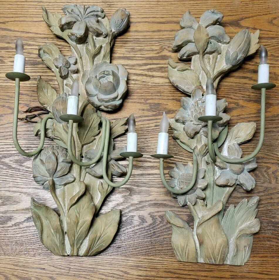 Pair 19thc French Louis XVI Carved Wood Floral Wall Sconces For Sale 7
