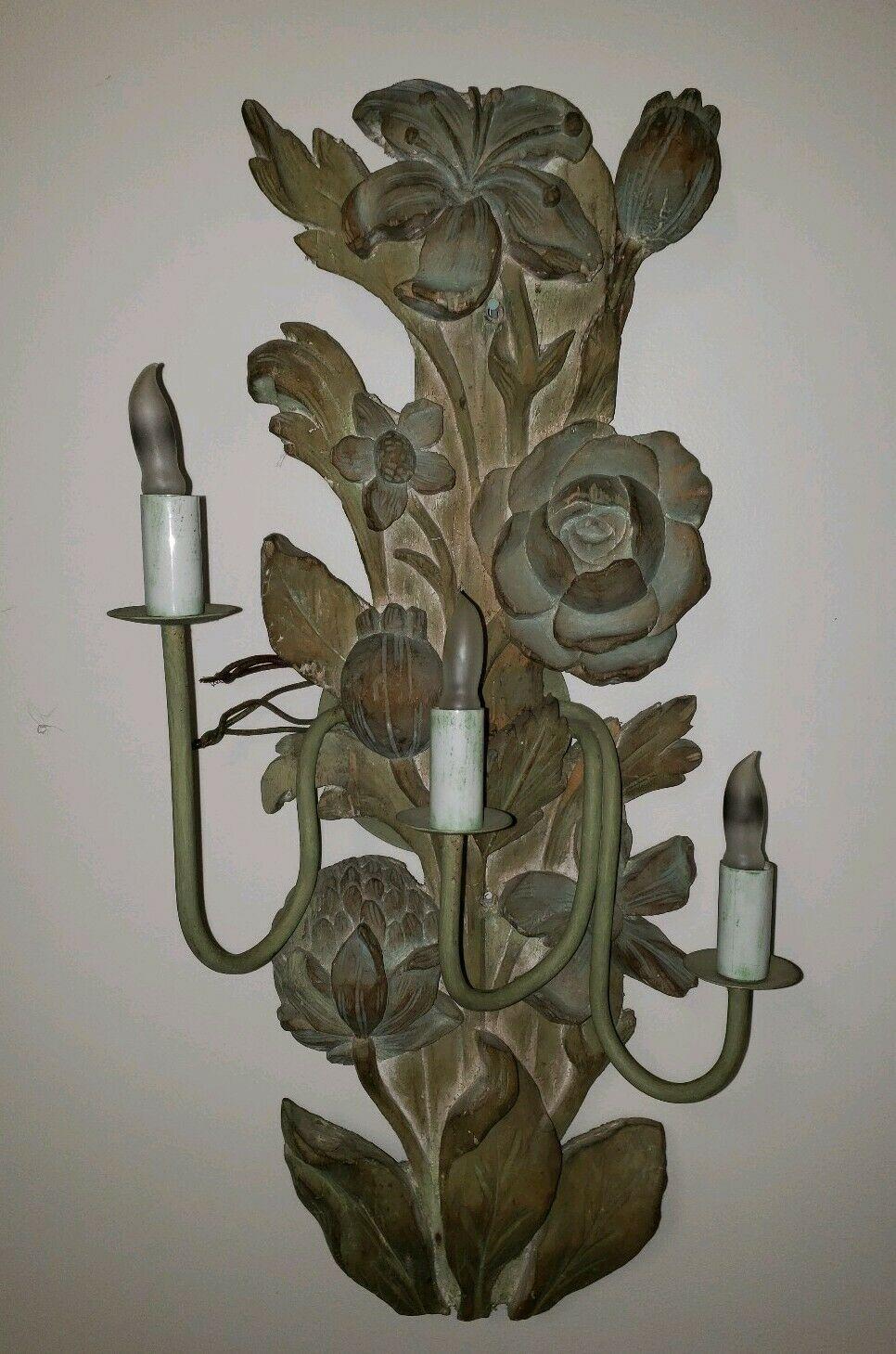 Pair 19thc French Louis XVI Carved Wood Floral Wall Sconces For Sale 4