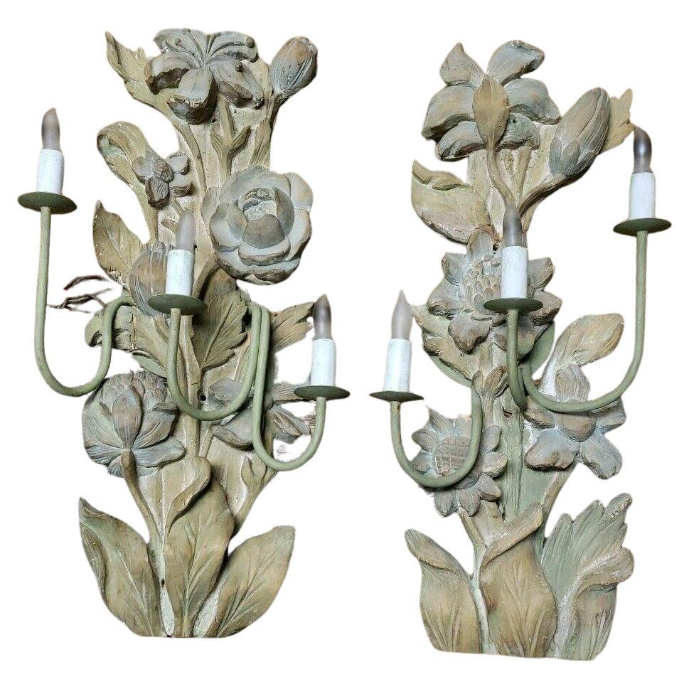 Pair 19thc French Louis XVI Carved Wood Floral Wall Sconces