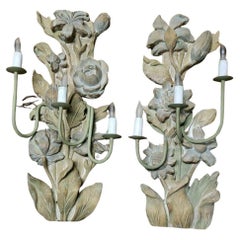 Antique Pair 19thc French Louis XVI Carved Wood Floral Wall Sconces