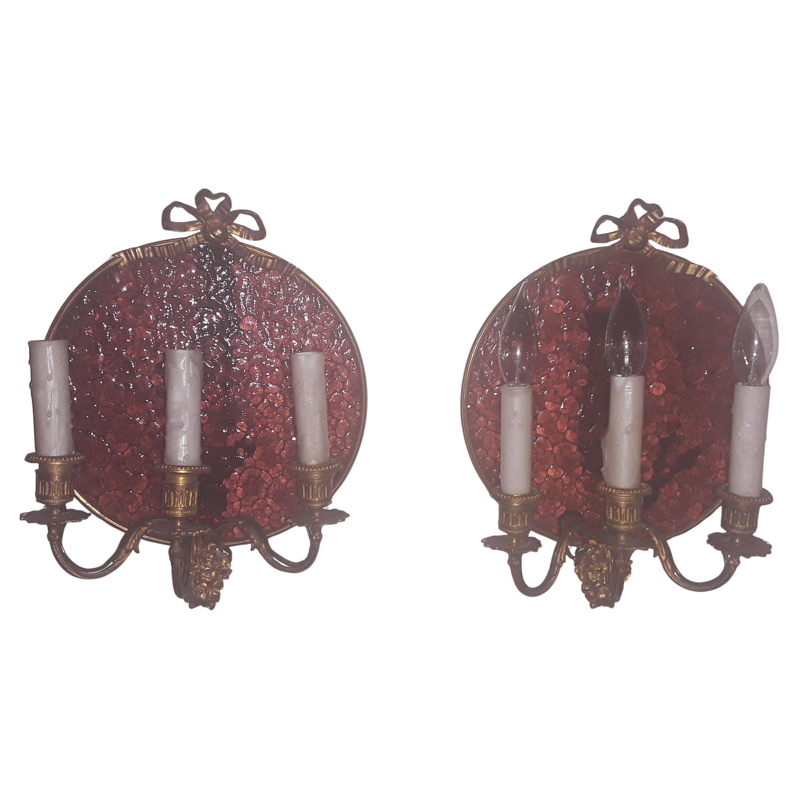 Pair 19thc French Louis XVI Gilt Bronze Figural Art Glass Backed Wall Sconces