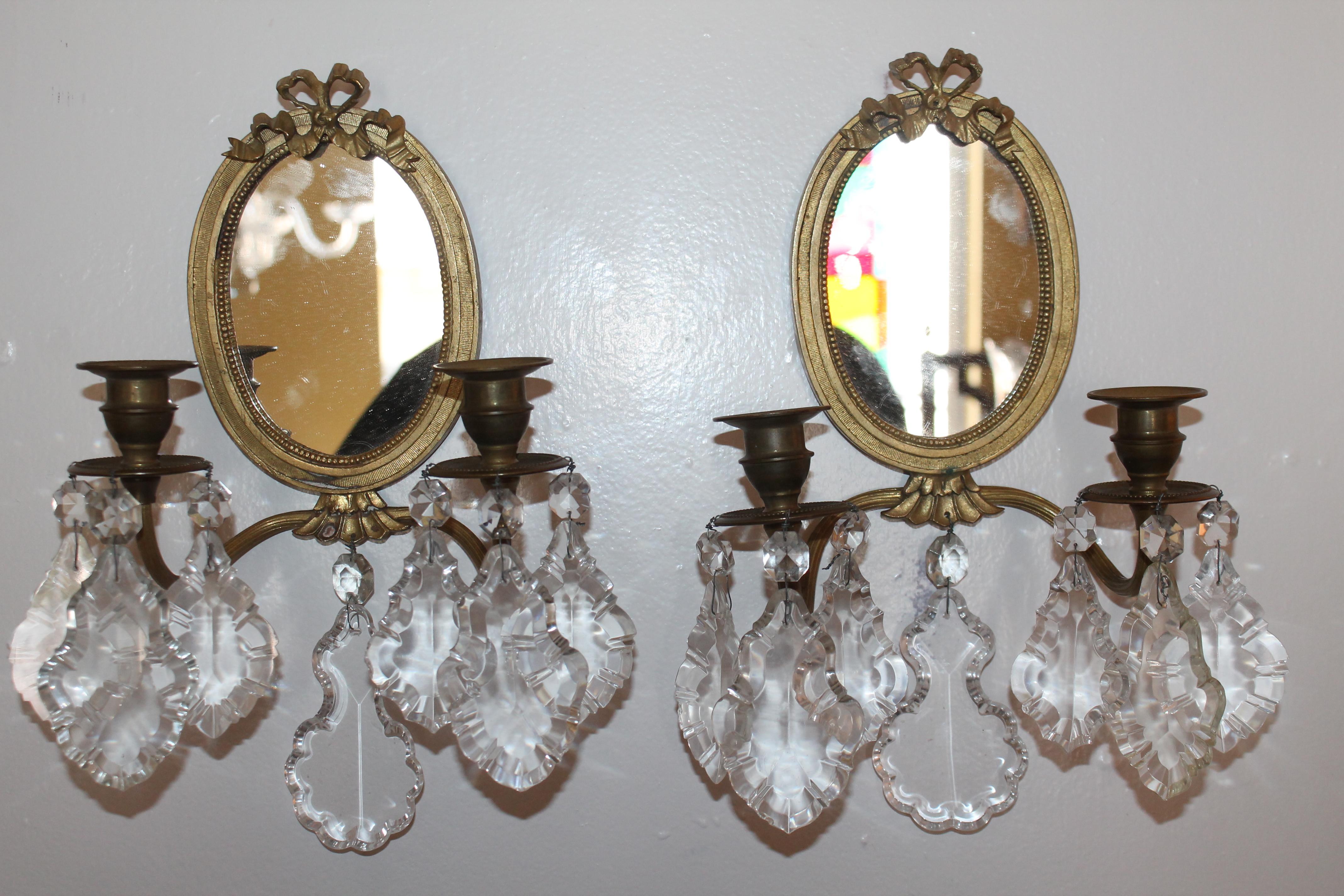 Pair 19thc French Louis XVI style Bronze / Crystal Wall Sconces - Mirror Back For Sale 6