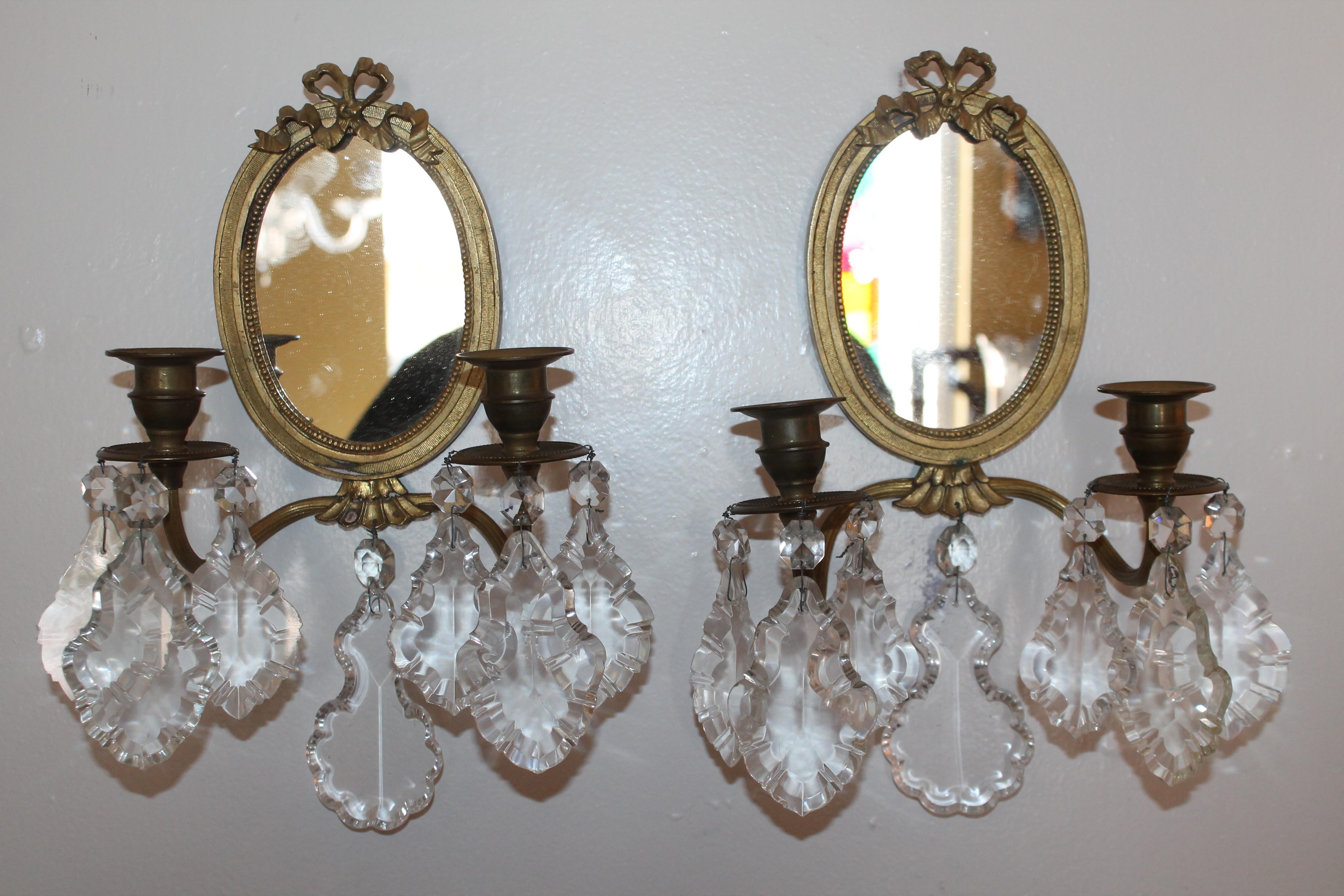 Pair 19thc French Louis XVI style Bronze / Crystal Wall Sconces - Mirror Back In Good Condition For Sale In Opa Locka, FL