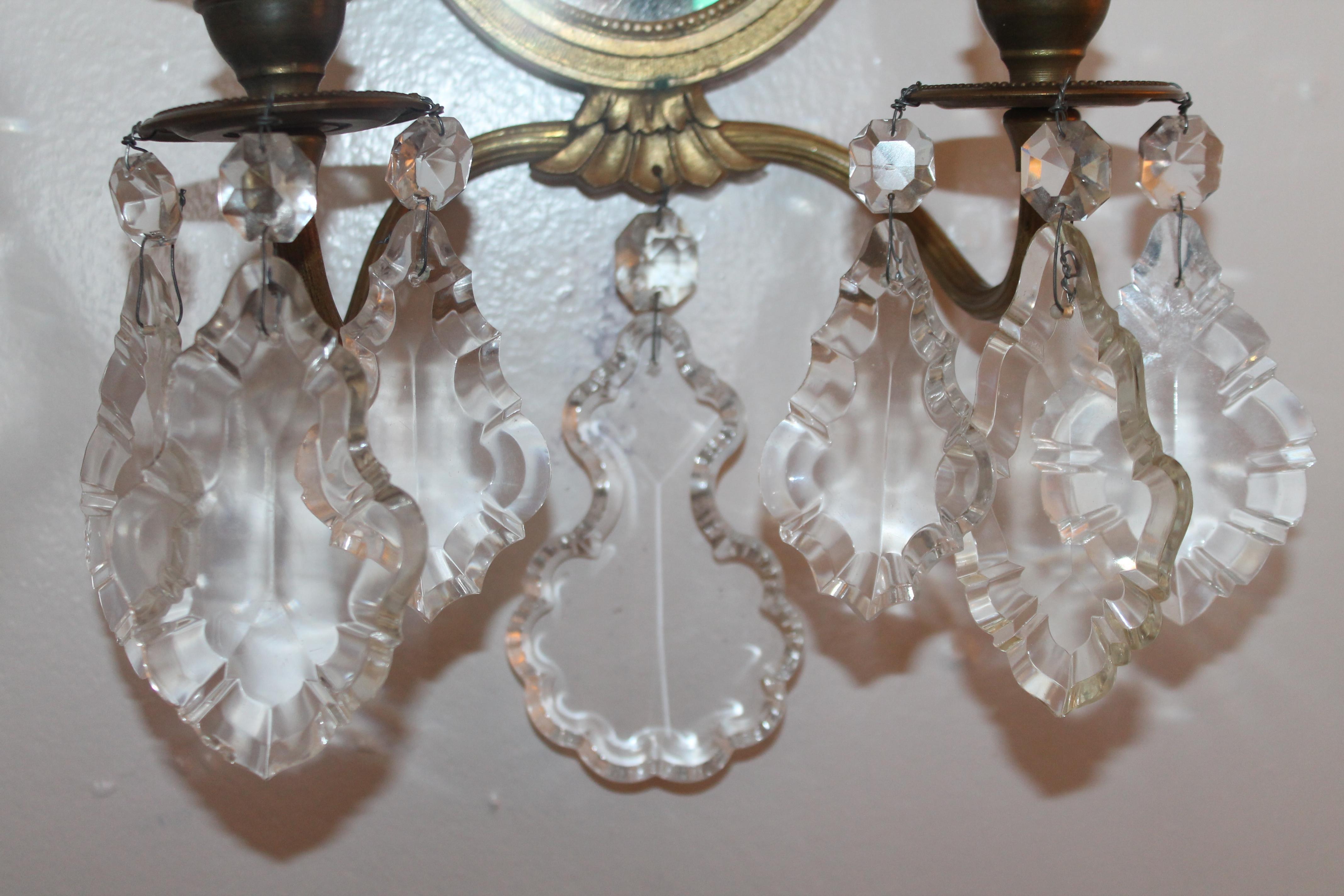 Pair 19thc French Louis XVI style Bronze / Crystal Wall Sconces - Mirror Back For Sale 1