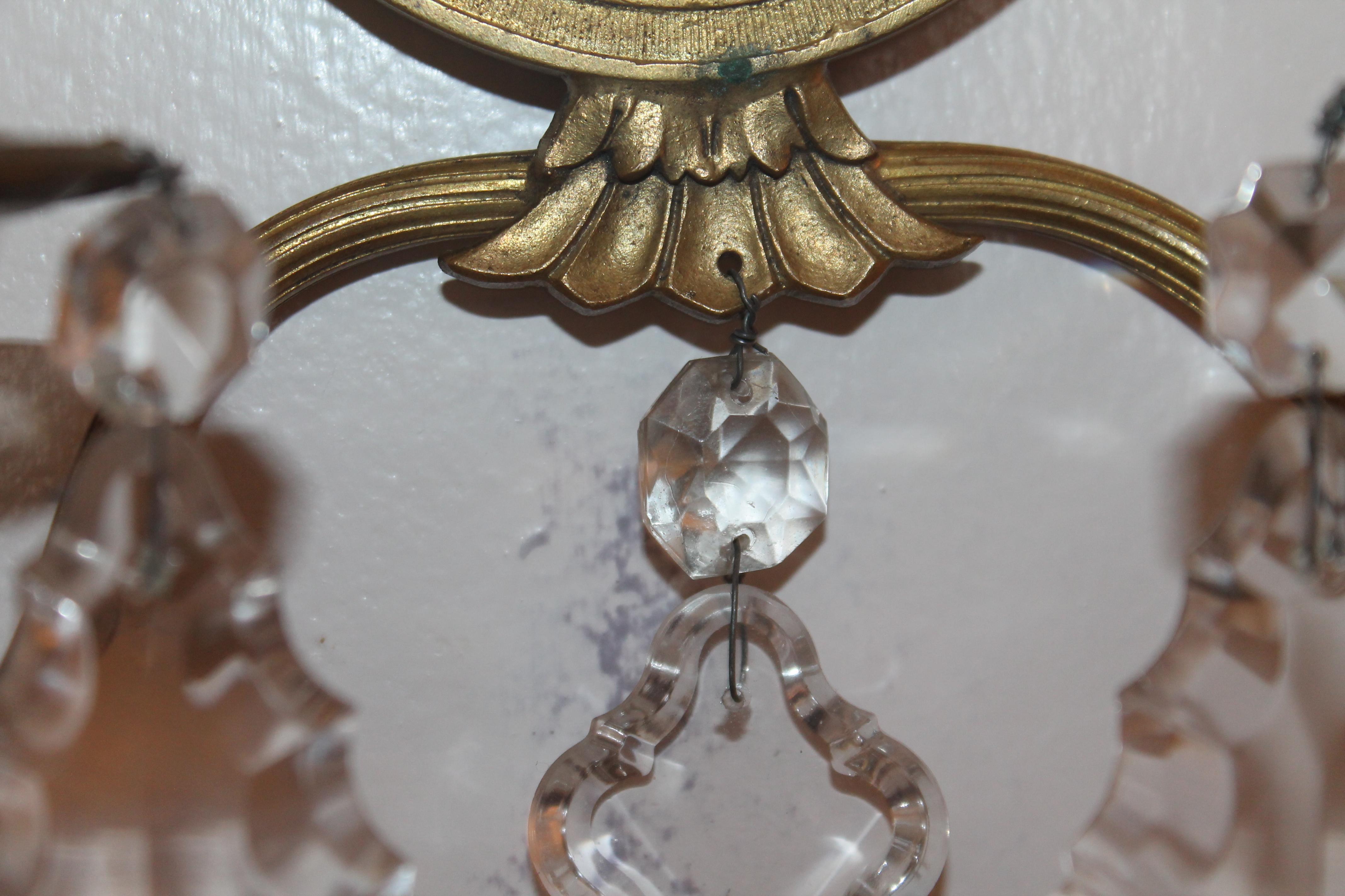 Pair 19thc French Louis XVI style Bronze / Crystal Wall Sconces - Mirror Back For Sale 2