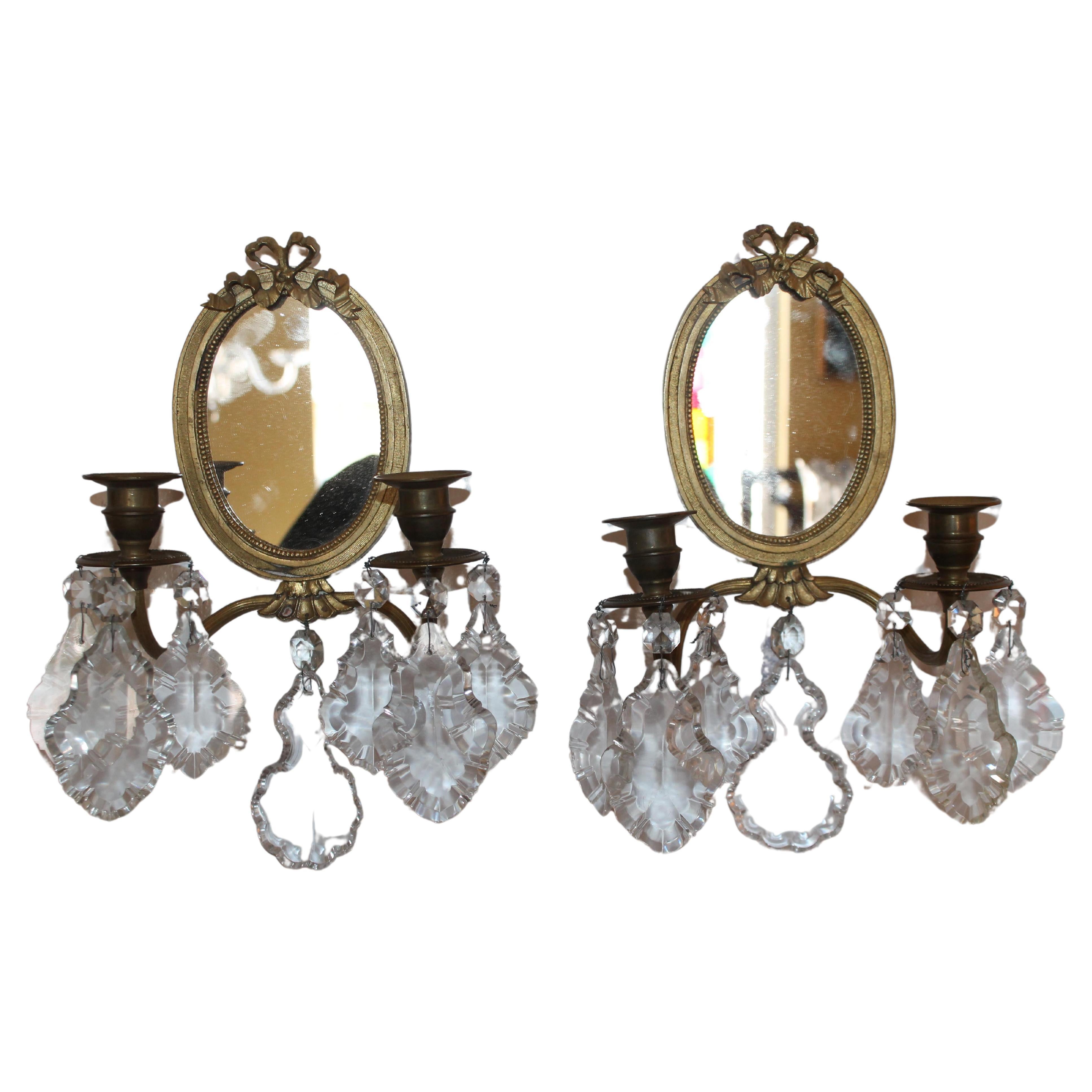 Pair 19thc French Louis XVI style Bronze / Crystal Wall Sconces - Mirror Back