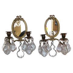 Antique Pair 19thc French Louis XVI style Bronze / Crystal Wall Sconces - Mirror Back