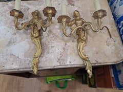 Pair 19thc French Louis XVI style Gilt Bronze "Japonisant" Figural Wall Sconces
