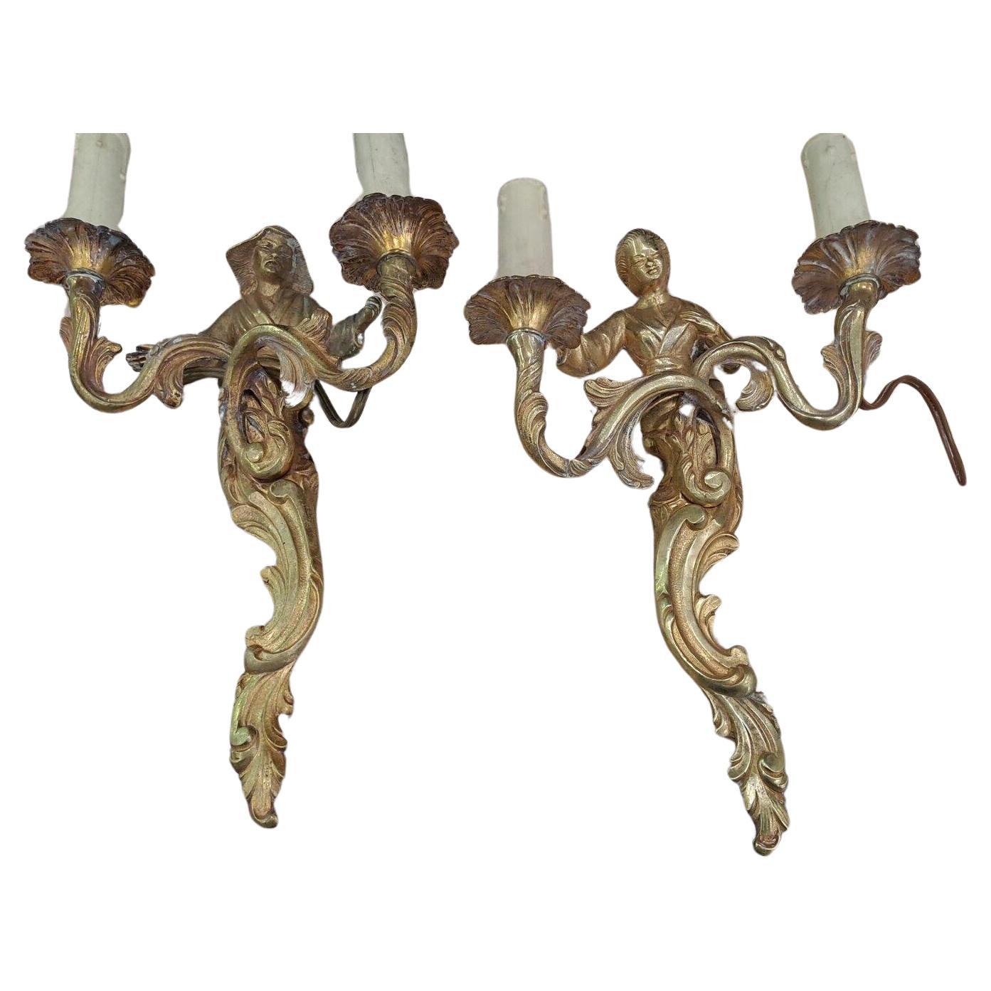 Pair 19thc French Louis XVI style Gilt Bronze "Japonisant" Figural Wall Sconces