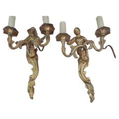 Used Pair 19thc French Louis XVI style Gilt Bronze "Japonisant" Figural Wall Sconces