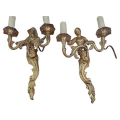 Antique Pair 19thc French Louis XVI style Gilt Bronze "Japonisant" Figural Wall Sconces