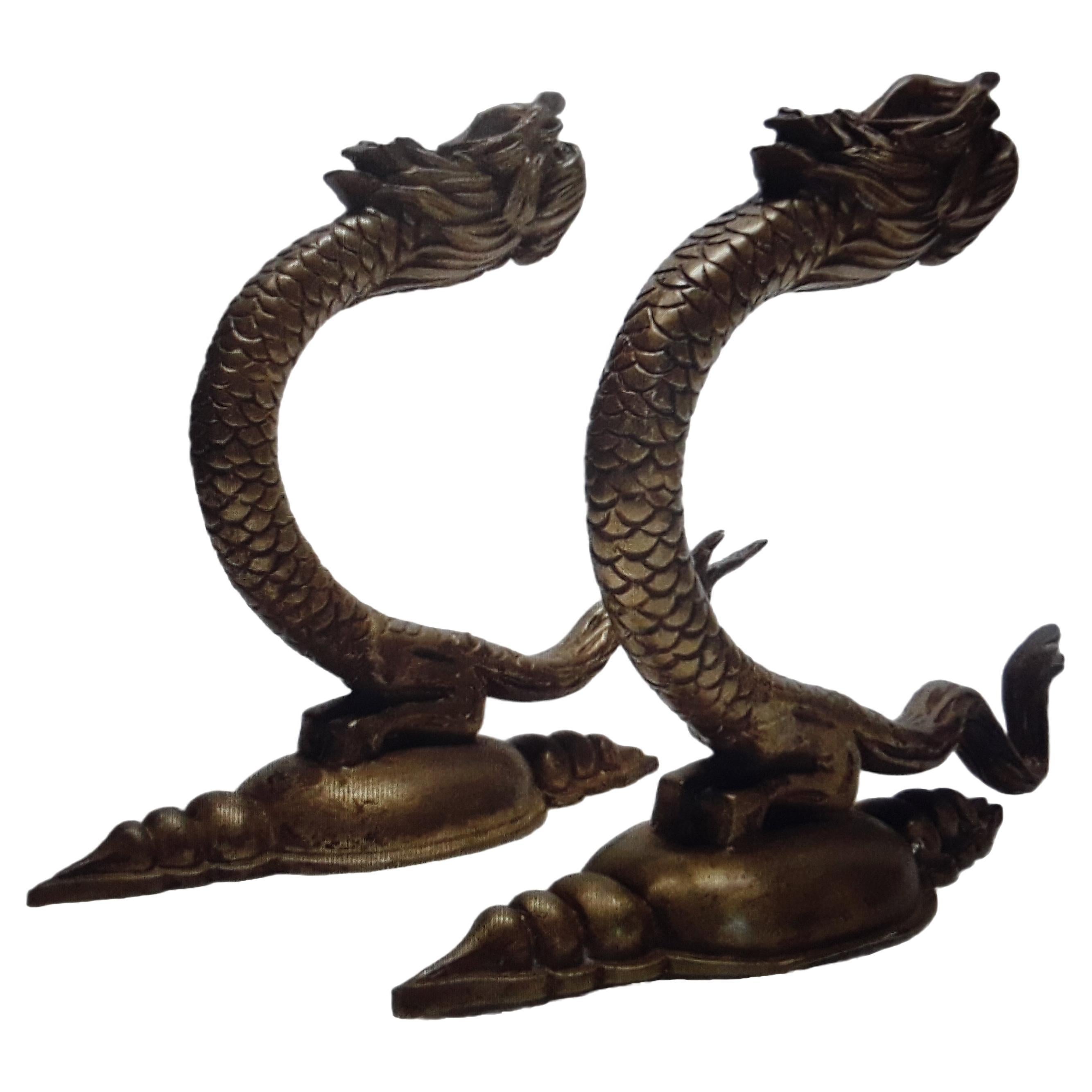 Pair 19thc French Napoleon III Bronze "Dolphin Kiss" Fish Form Drapery Tie Backs For Sale