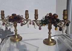 Pair 19thc French Napoleon III Bronze w/ Crystal Fruit Girandoles/ Table Lamps