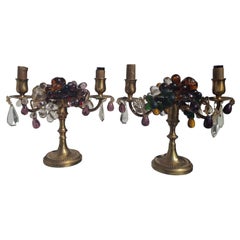 Pair 19thc French Napoleon III Bronze w/ Crystal Fruit Girandoles/ Table Lamps