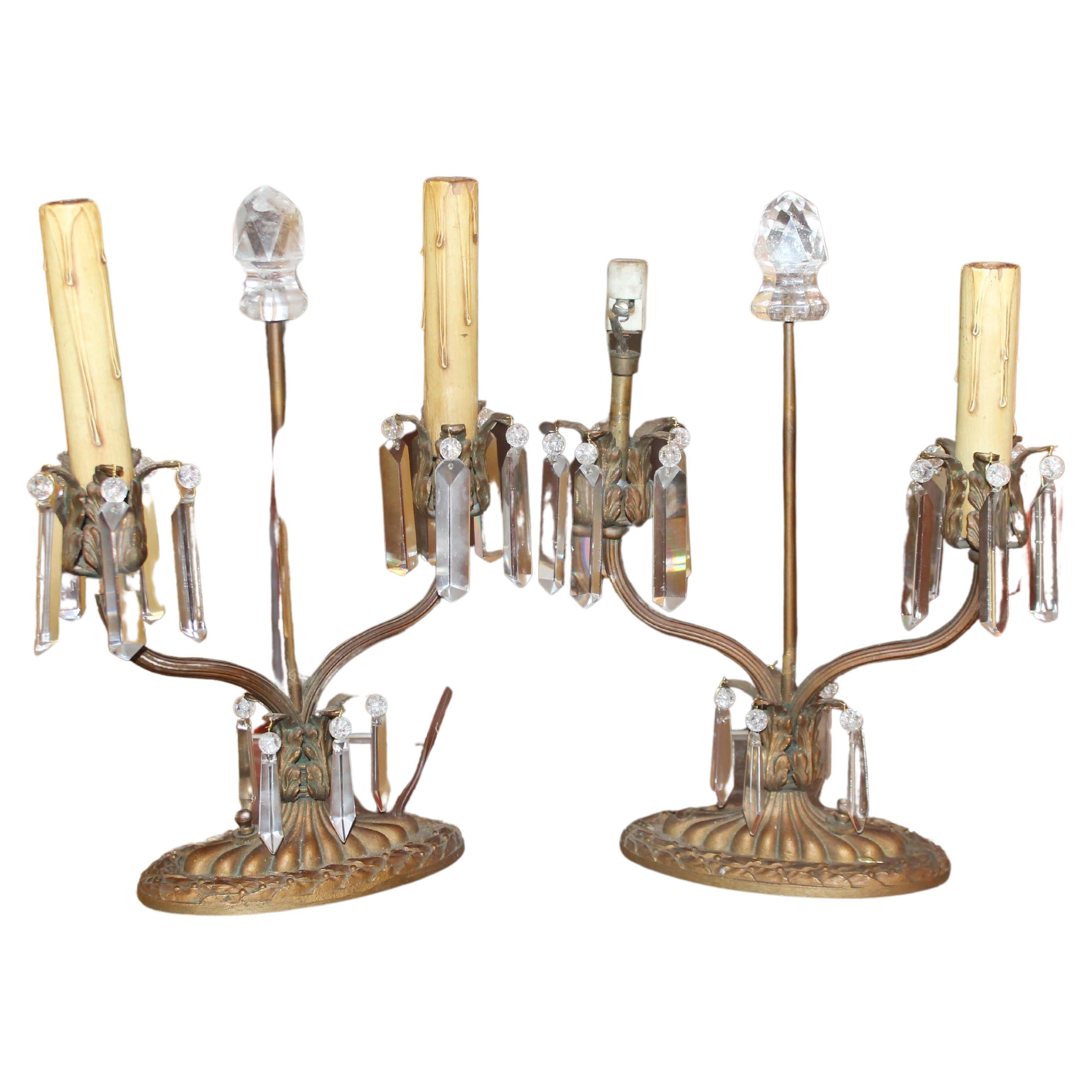 Pair 19thc French Napoleon III Bronze w/ Rock Crystal & Cut Crystal Table Lamps For Sale