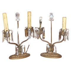 Antique Pair 19thc French Napoleon III Bronze w/ Rock Crystal & Cut Crystal Table Lamps