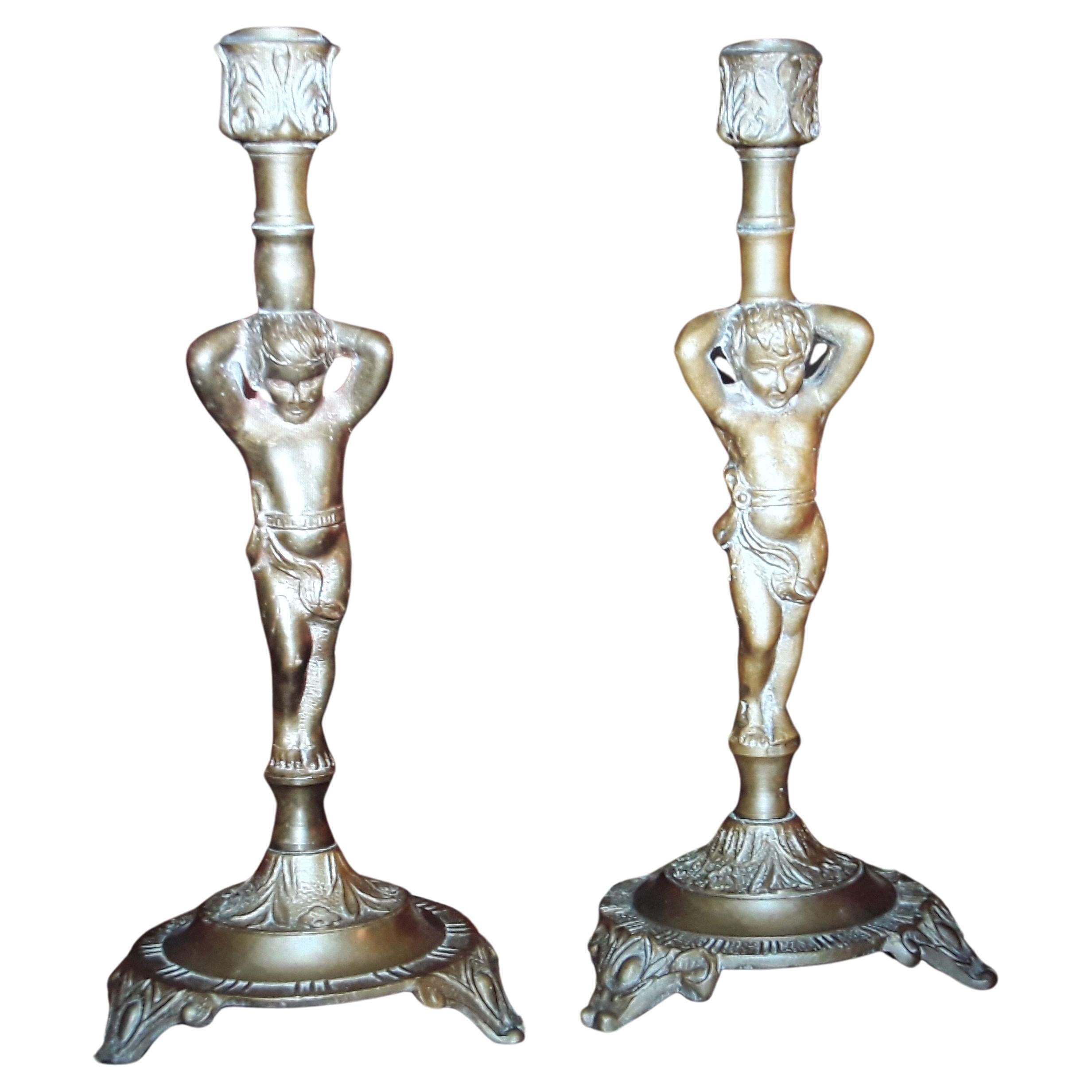 Pair 19thc French Napoleon III Bronze Cherub/ Putto Candleholders/ Candle Sticks.